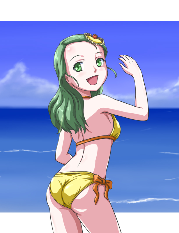 kurai (cry), kanaria, rozen maiden, 00s, 1girl, alternate hairstyle, armpits, ass, back, bikini, bow, day, drill hair, green eyes, green hair, long hair, looking back, sky, soul, swimsuit, water, yellow bikini