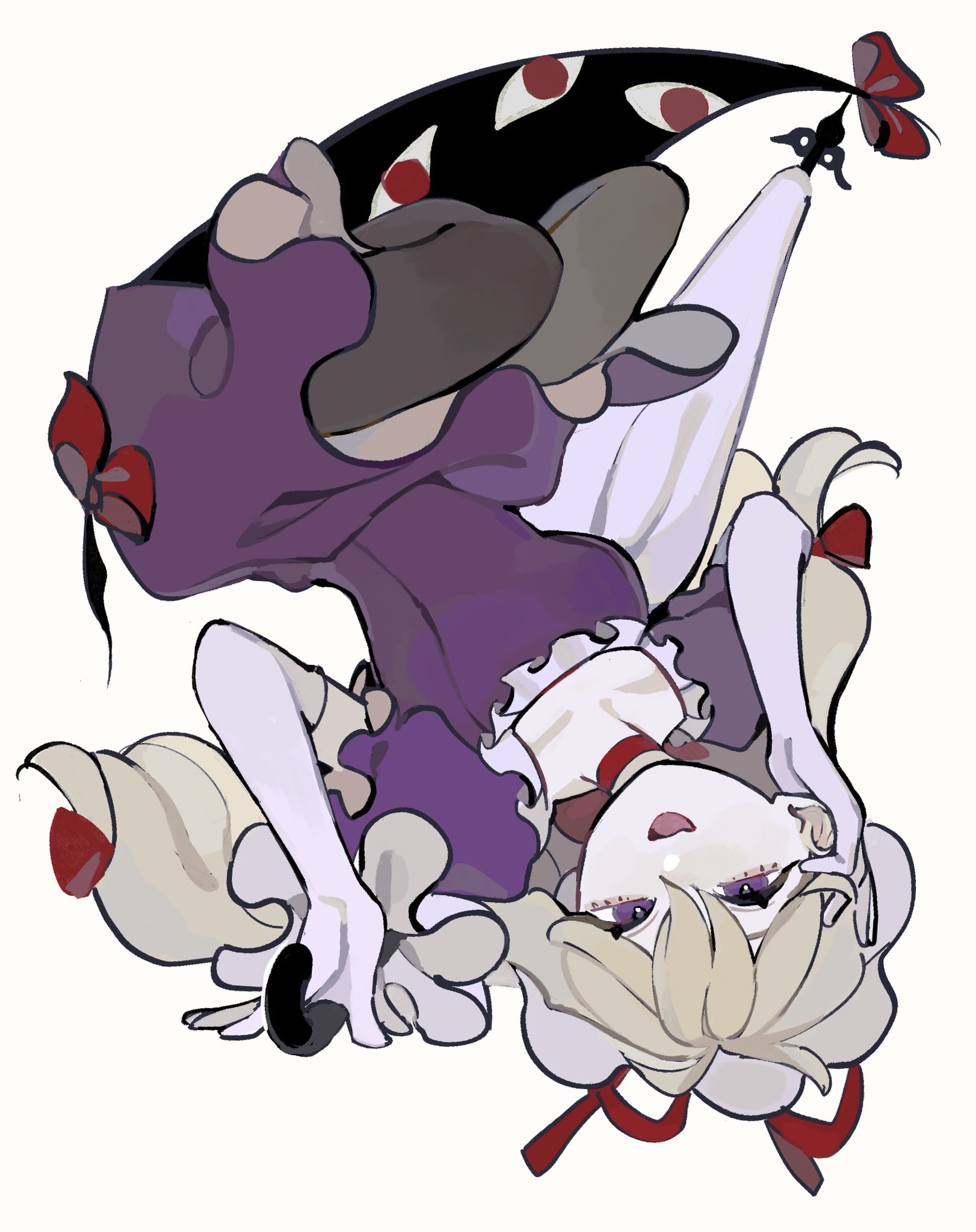 dee (tannsumi), yakumo yukari, touhou, commentary request, highres, 1girl, arms up, black pantyhose, blonde hair, bow, breasts, choker, disembodied eye, dress, elbow gloves, gap (touhou), gloves, hair bow, hat, holding, holding umbrella, long hair, looking at viewer, mob cap, open mouth, pantyhose, puffy short sleeves, puffy sleeves, purple dress, purple eyes, red bow, red choker, short sleeves, small breasts, smile, solo, umbrella, upside-down, white hat, white umbrella