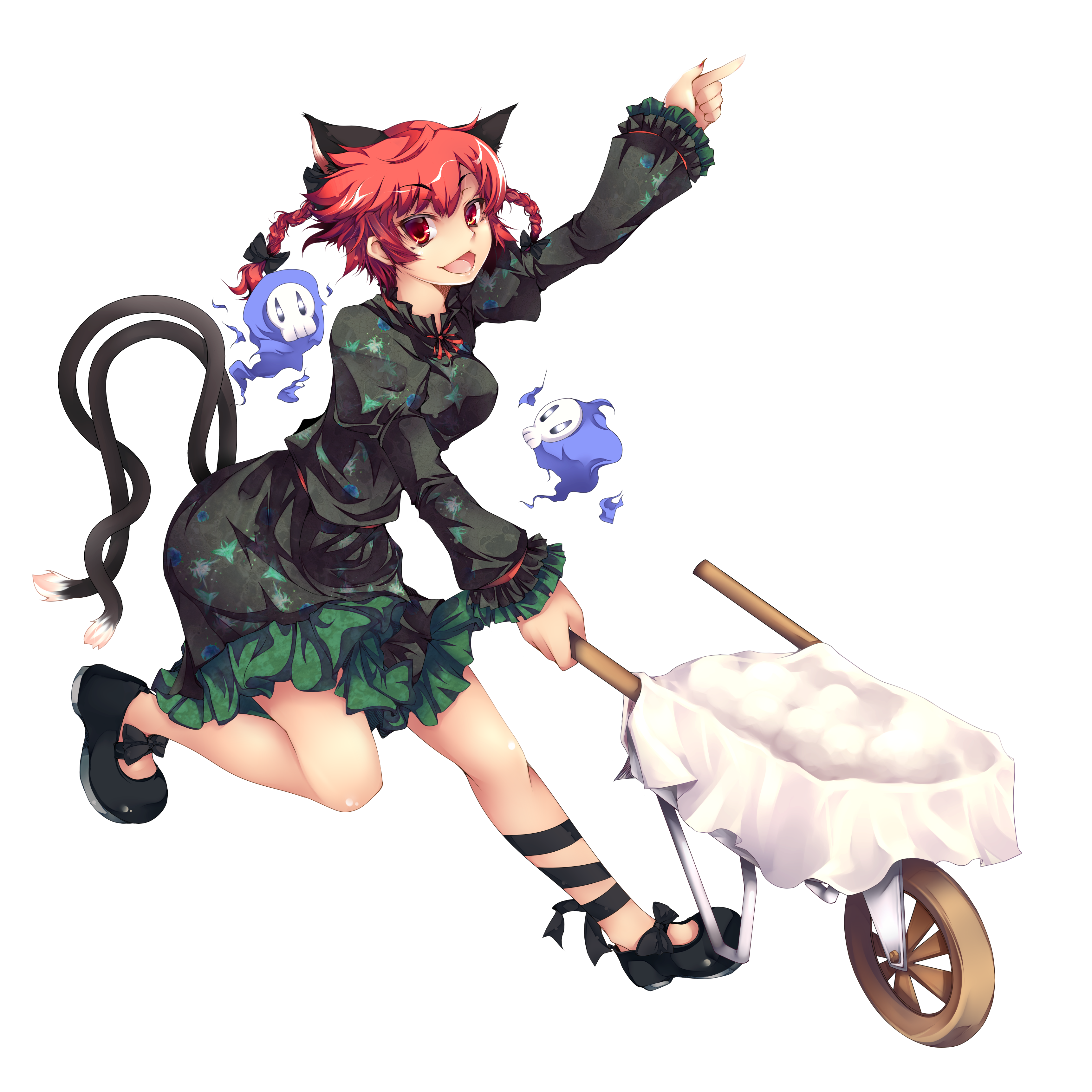 serizawa mutsuki, kaenbyou rin, touhou, absurdres, highres, 1girl, female focus, full body, solo, transparent background, wheelbarrow