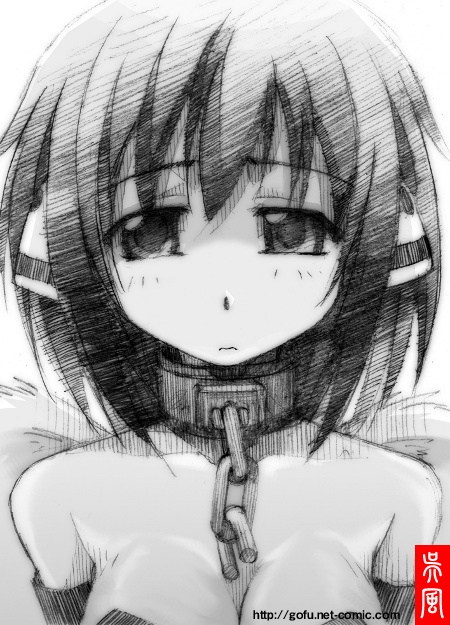 gofu, ikaros, sora no otoshimono, traditional media, 1girl, breasts, chain, cleavage, collar, female focus, greyscale, monochrome, sketch, solo, spot color, white background