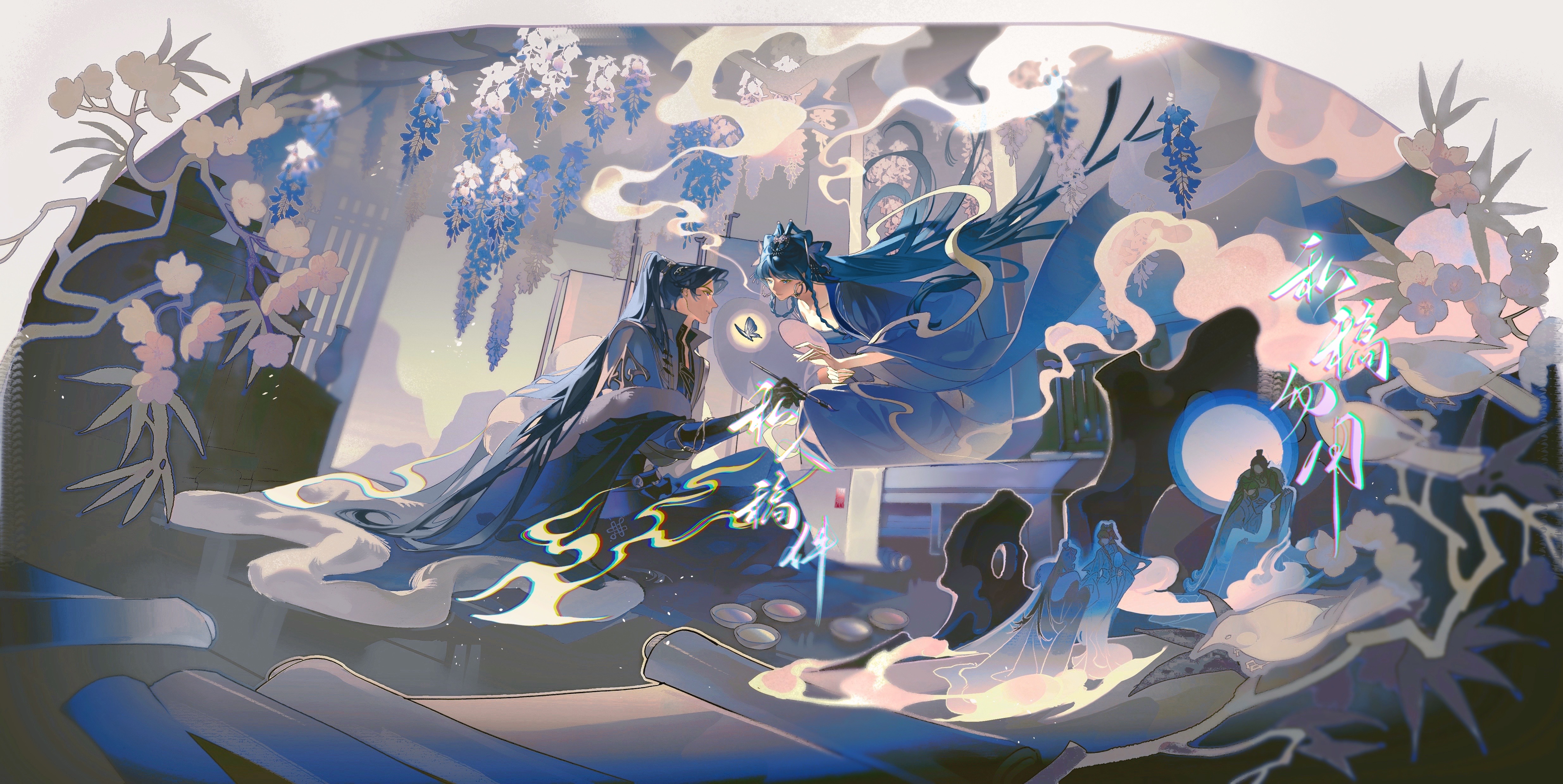 original, absurdres, highres, 1boy, 1girl, blue butterfly, blue coat, blue flower, blue hair, blue hanfu, blue theme, blunt bangs, braid, branch, bug, butterfly, chinese clothes, coat, couple, ershisi shao qing, flower, full body, hair ornament, hanfu, indoors, insect, long hair, long sleeves, looking at another, multiple views, sitting, smoke, wide sleeves, wisteria