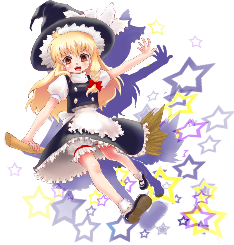 kazabuki poni, kirisame marisa, touhou, 1girl, blonde hair, braid, broom, female focus, full body, hat, long hair, solo, white background, witch, witch hat, yellow eyes