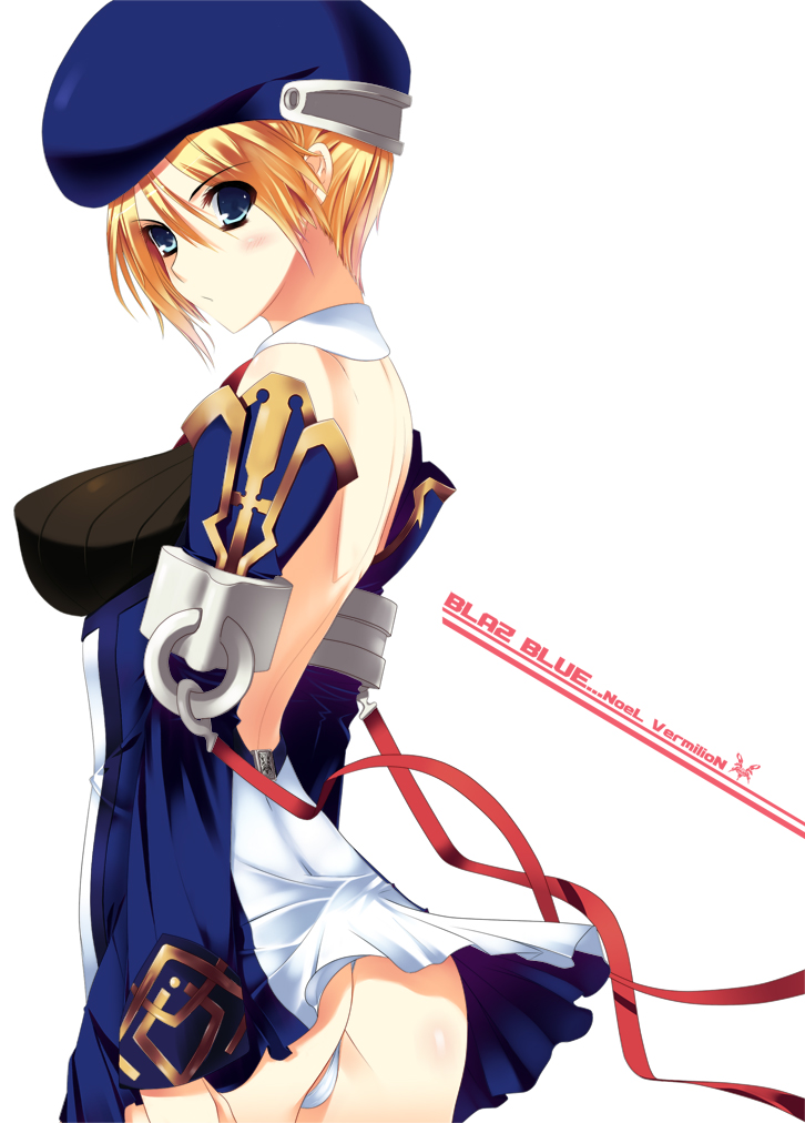 tomi, noel vermillion, arc system works, blazblue, 1girl, ass, back, backless outfit, bare back, beret, blonde hair, blue eyes, blush, detached sleeves, female focus, hat, panties, short hair, solo, thong, underwear
