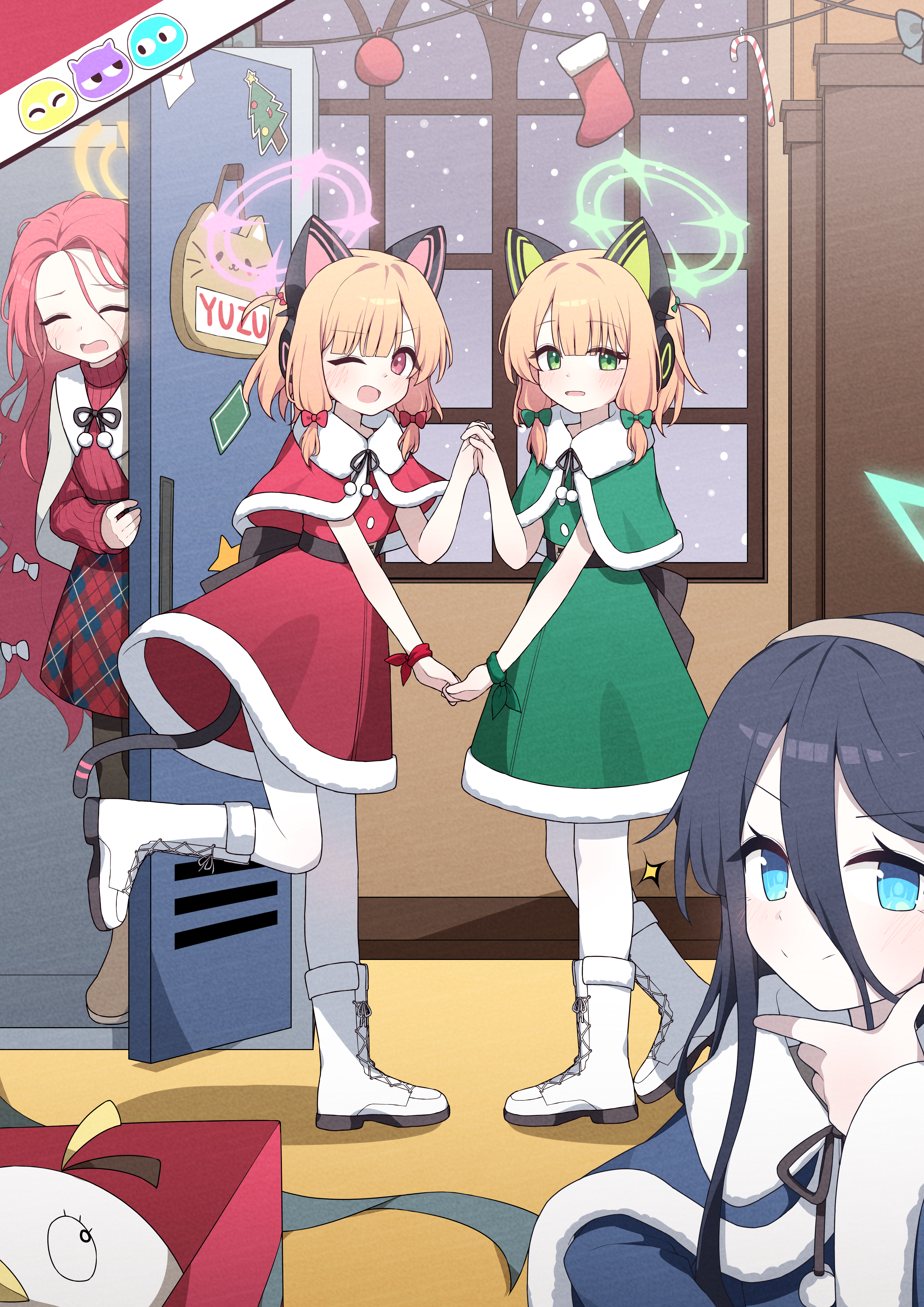 hagoonha, aris (blue archive), midori (blue archive), momoi (blue archive), peroro (blue archive), yuzu (blue archive), blue archive, absurdres, commentary request, highres, korean commentary, official art, black hair, black pantyhose, blonde hair, blue eyes, blue halo, boots, closed eyes, green eyes, green halo, hair between eyes, halo, long hair between eyes, one eye closed, orange halo, pantyhose, pink eyes, pink halo, red hair, santa costume, white boots, white pantyhose