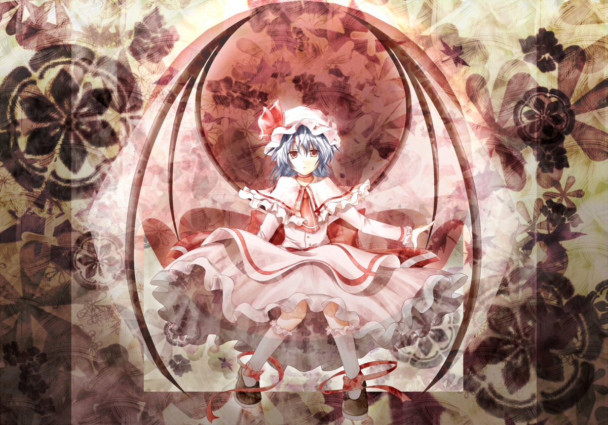 shiroino (shirayuki mutsuki), remilia scarlet, touhou, 1girl, bat wings, blue hair, female focus, full body, hat, red eyes, short hair, solo, wings