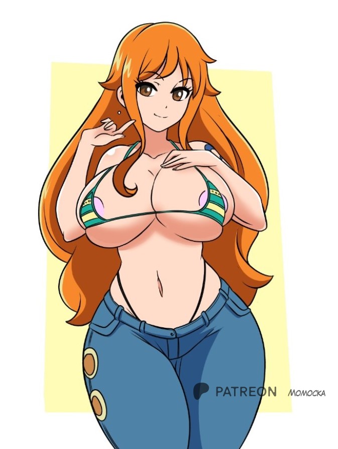 momocka-art, nami (one piece), one piece, 1girl, areola slip, bikini, blue pants, breasts, brown eyes, bursting breasts, cleavage, collarbone, denim, green bikini, hand on own chest, highleg, highleg bikini, huge breasts, index finger raised, jeans, long hair, looking at viewer, micro bikini, orange hair, pants, shoulder tattoo, smile, standing, striped bikini, striped clothes, swimsuit, tattoo, thick thighs, thighs, white background, wide hips