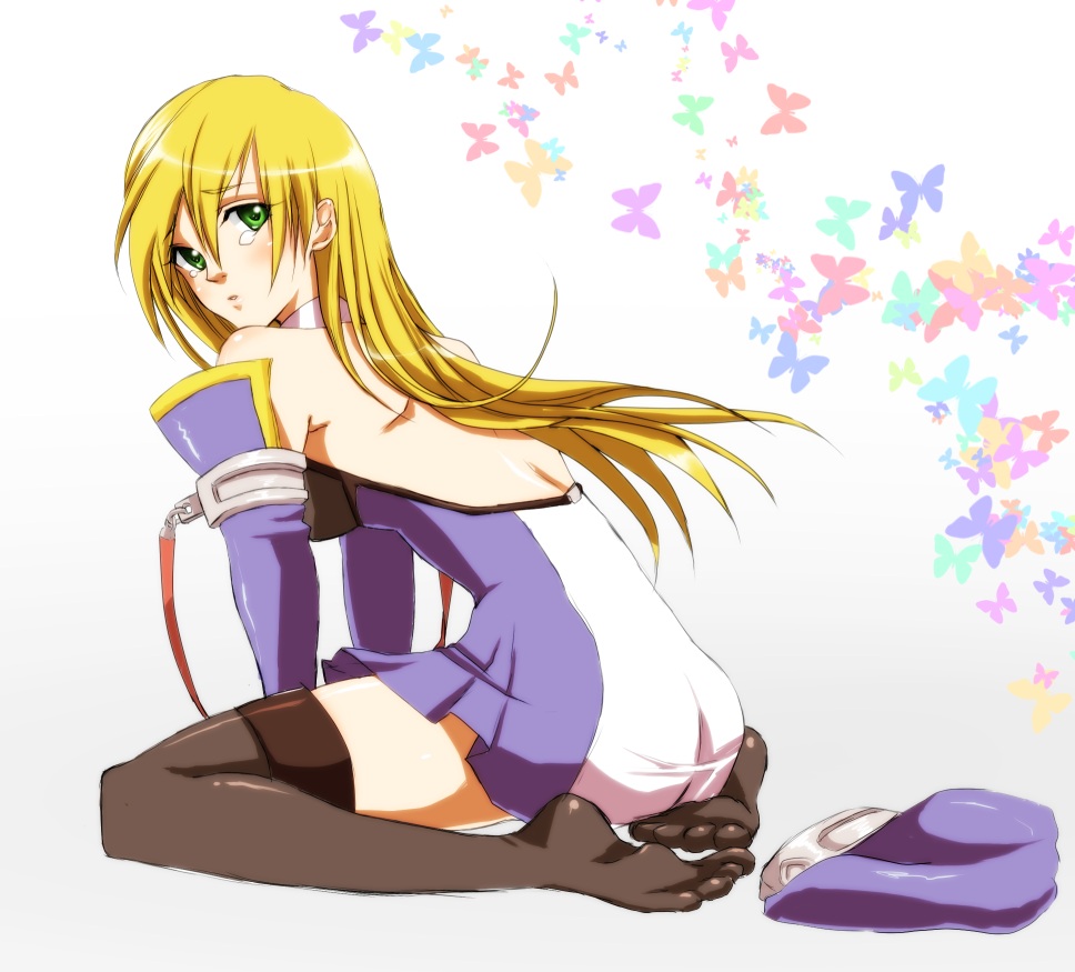 ichica (seto0717), noel vermillion, arc system works, blazblue, 1girl, ass, back, backless outfit, bare back, black thighhighs, blonde hair, bug, butterfly, detached sleeves, feet, female focus, green eyes, hat, insect, long hair, no shoes, solo, tears, thighhighs, zettai ryouiki