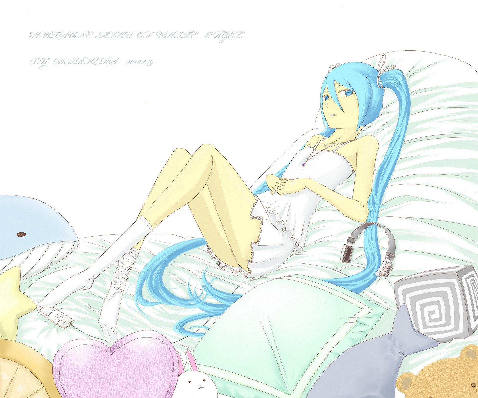 hatsune miku, vocaloid, highres, fish, headphones, heart, ipod, long hair, mp3 player, pillow, rabbit, socks, solo, star (symbol), stuffed animal, stuffed toy, teddy bear, twintails, very long hair