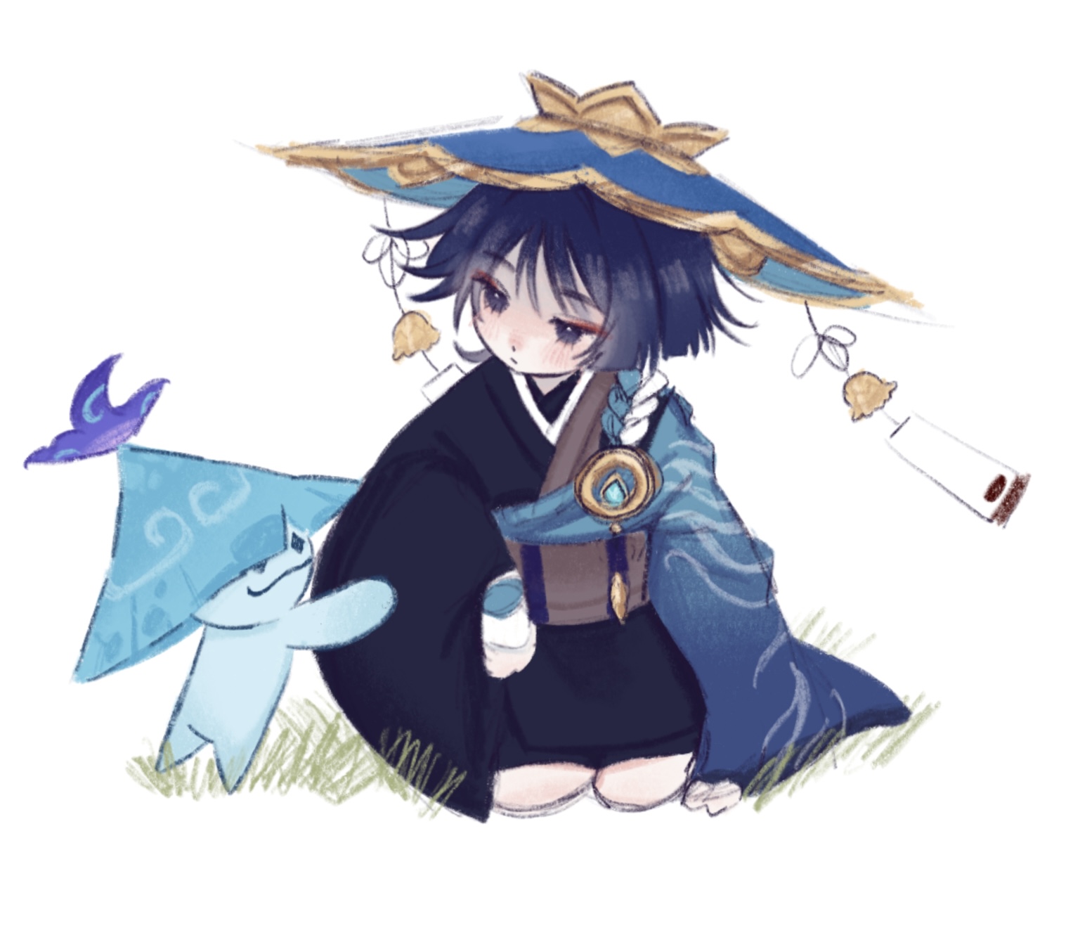 dangoyunyu, aranara (genshin impact), ararycan (genshin impact), scaramouche (genshin impact), wanderer (genshin impact), genshin impact, highres, 1boy, arms at sides, asymmetrical sleeves, black eyes, black hair, black kimono, black sleeves, blue hat, blue jingasa, blue sleeves, blunt ends, blush, brown kimono, brown sash, closed mouth, eyeliner, gold, gold bell, grass, hand on ground, hat, japanese clothes, jingasa, kesa, kimono, long sleeves, looking at creature, makeup, male focus, mismatched sleeves, official alternate costume, prototype design, red eyeliner, seiza, sitting, solo, two-tone kimono, white background, white sleeves