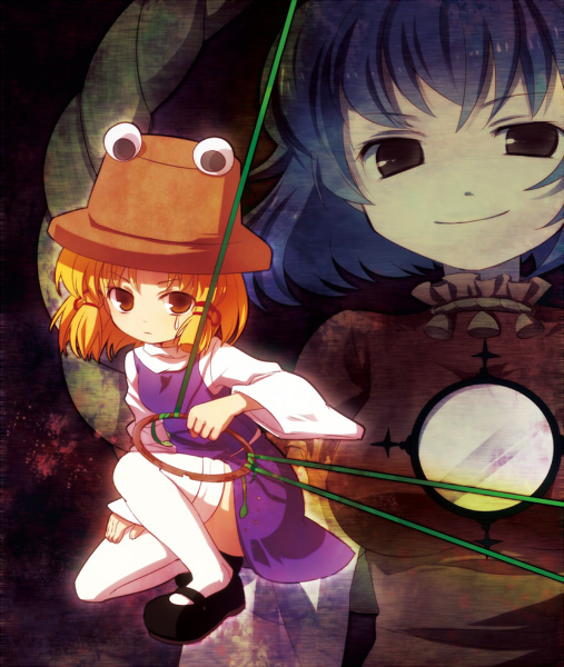 chaba (hortensia), moriya suwako, yasaka kanako, touhou, bad id, bad pixiv id, 2girls, blonde hair, blue hair, chakram, female focus, hat, moriya's iron rings, multiple girls, plant, red eyes, short hair, thighhighs, vines, weapon, yellow eyes