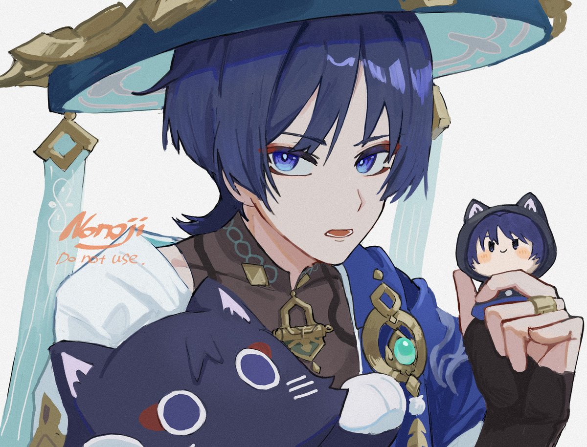 nonoji (nonoji ekaki), scaramouche (cat) (genshin impact), scaramouche (genshin impact), wanderer (genshin impact), genshin impact, commentary request, 1boy, animalization, aqua gem, artist name, black bridal gauntlets, black cat, blue cape, blue eyes, blue hat, blunt ends, bridal gauntlets, bright pupils, brown bridal gauntlets, cape, cat, character doll, choppy bangs, covered collarbone, doll, eyeliner, feathers, gem, gold, gold ring, hand up, hat, holding, holding stuffed toy, japanese clothes, jingasa, kimono, looking at viewer, lower teeth only, makeup, male focus, mandarin collar, middle ring, open mouth, person and animalization, pom pom (clothes), portrait, red eyeliner, short sleeves, shoulder peek, solo, stuffed animal, stuffed toy, teeth, tsurime, vision (genshin impact), white kimono, white pupils, white sleeves, white trim, yellow feathers