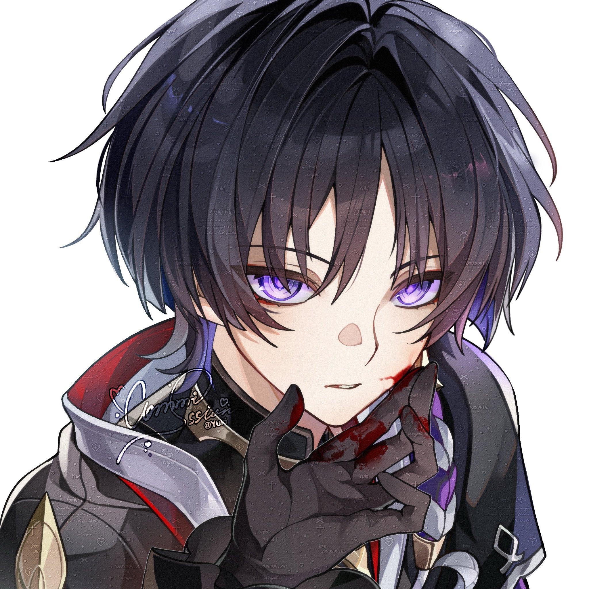 scaramouche (genshin impact), genshin impact, original, artist request, commission, highres, second-party source, 1boy, 1girl, artist name, bishounen, black gloves, black hair, black kimono, black sleeves, blood, blood on face, blood on hands, commissioner insert, curtained hair, eyelashes, eyeliner, frilled sleeves, frills, gloves, gold, hayami momo (hayamimomo), japanese clothes, jewelry, juban, kimono, looking at viewer, makeup, mandarin collar, neck ring, oc x canon, open hand, parted lips, purple eyes, purple rope, red eyeliner, red kimono, rope, shimenawa, short sleeves, single sode, tsurime, watermark, watermark grid, white kimono, white mouth, white rope