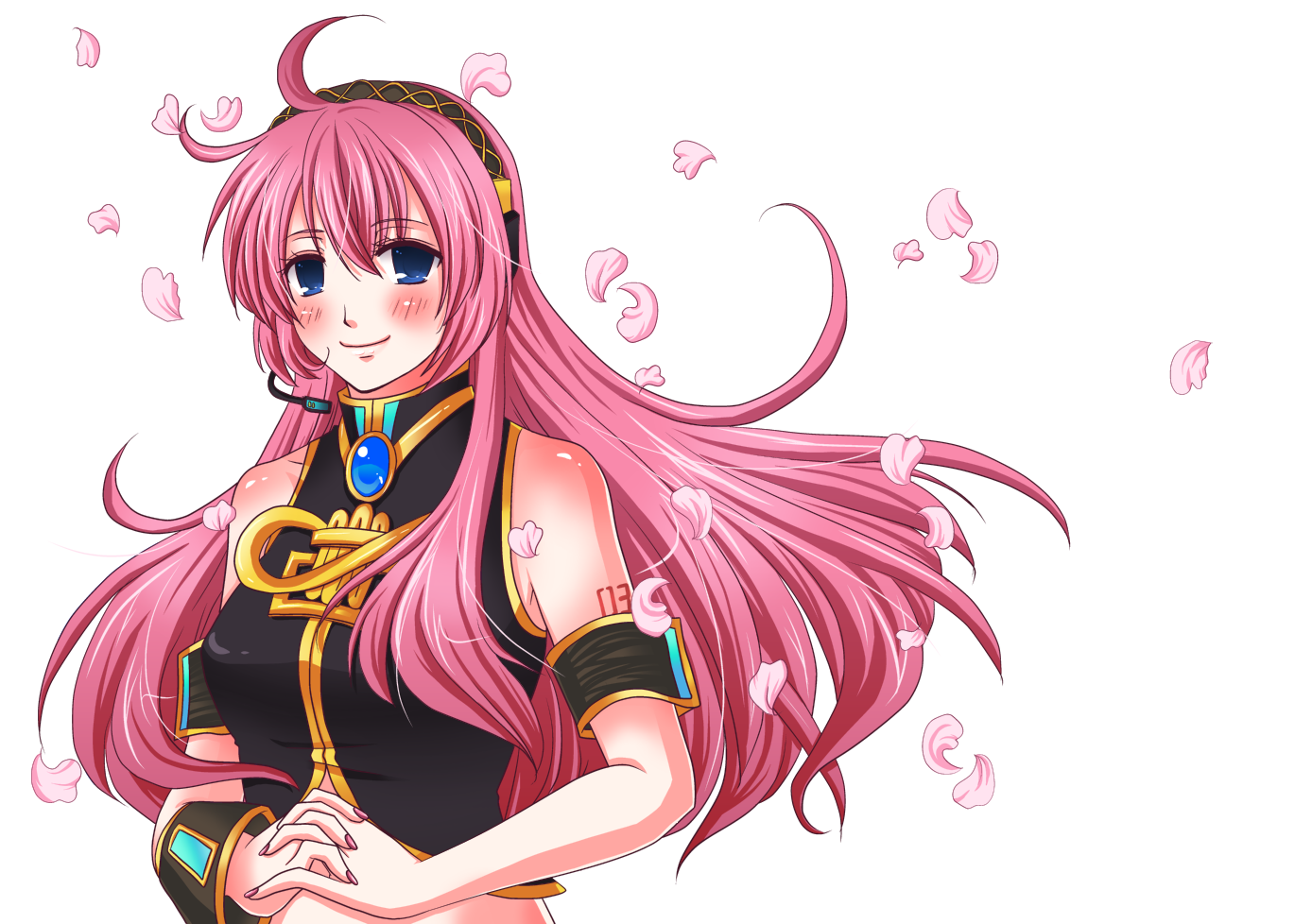 hinaco, megurine luka, vocaloid, 1girl, ahoge, bare shoulders, blue eyes, blush, cherry blossoms, female focus, hairband, headset, long hair, looking at viewer, nail polish, petals, pink hair, pink nails, smile, solo, tattoo, very long hair, white background