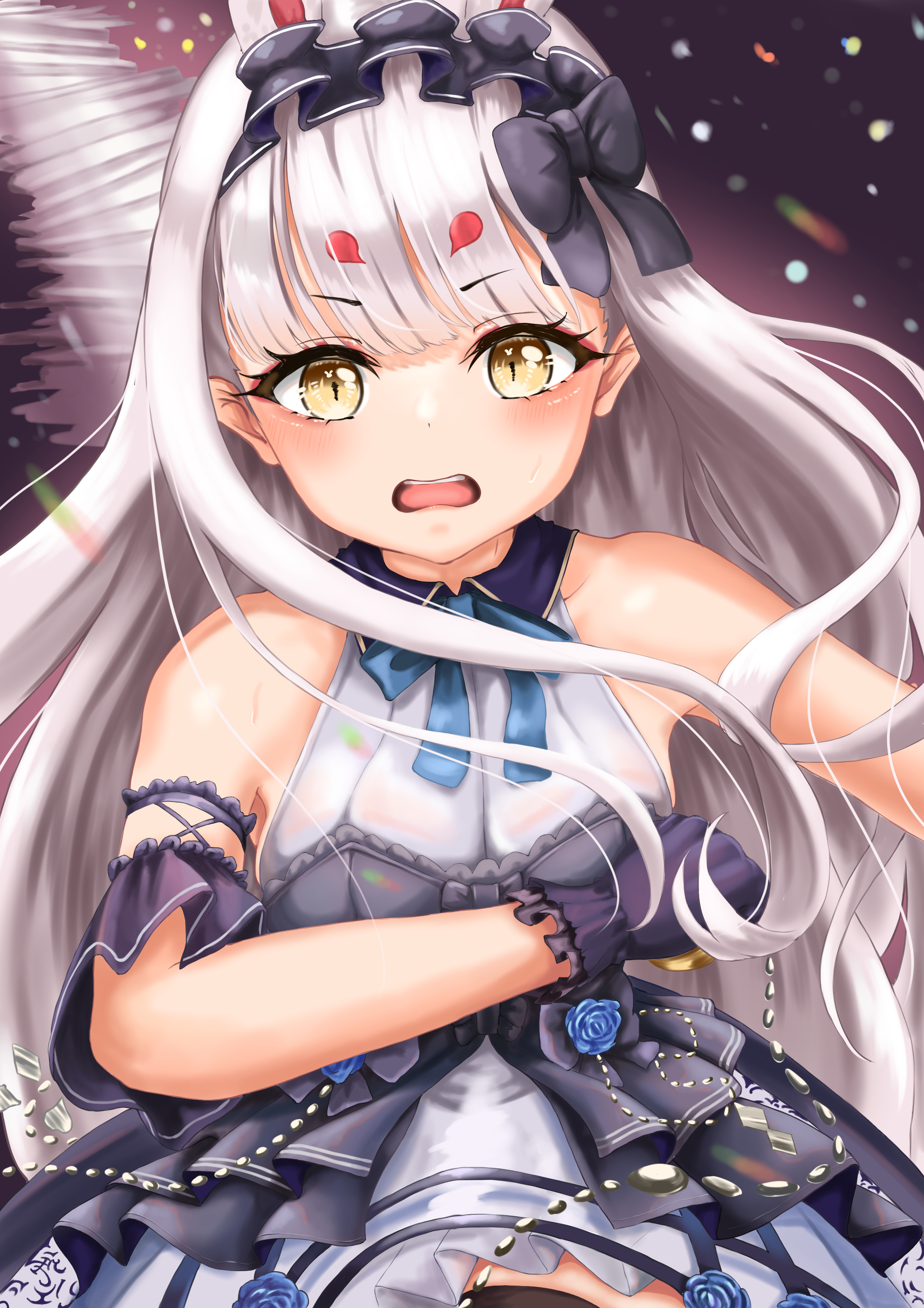 shimakaze (azur lane), shimakaze (the white rabbit of wonderland) (azur lane), azur lane, absurdres, commentary request, highres, 1girl, animal ears, astraea 9029, black bow, black gloves, blue dress, bow, dress, dress flower, flower, frilled gloves, frilled hairband, frills, gloves, hair bow, hairband, layered dress, long hair, looking at viewer, official alternate costume, open mouth, rabbit ears, sleeveless, sleeveless dress, solo, teeth, upper teeth only, very long hair, white hair, yellow eyes