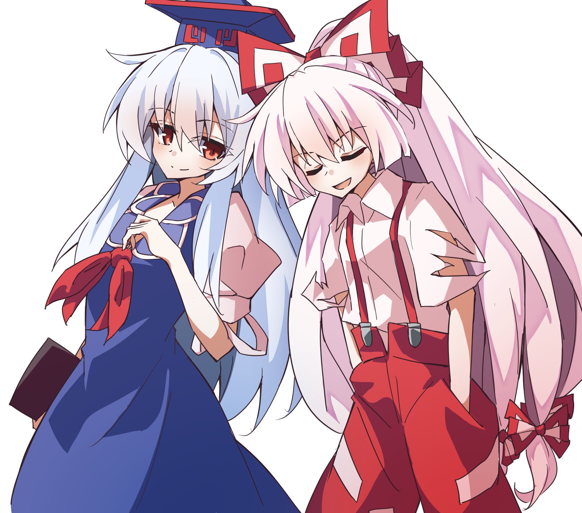ishijogahara, fujiwara no mokou, kamishirasawa keine, touhou, highres, 2girls, blue dress, blue hair, book, bow, closed eyes, dress, hair bow, hands in pockets, hat, holding, holding book, long hair, multiple girls, multiple hair bows, neckerchief, ofuda, ofuda on clothes, pants, puffy sleeves, red eyes, red neckerchief, red pants, shirt, smile, suspenders, torn clothes, torn sleeves, white background, white bow, white hair, white shirt