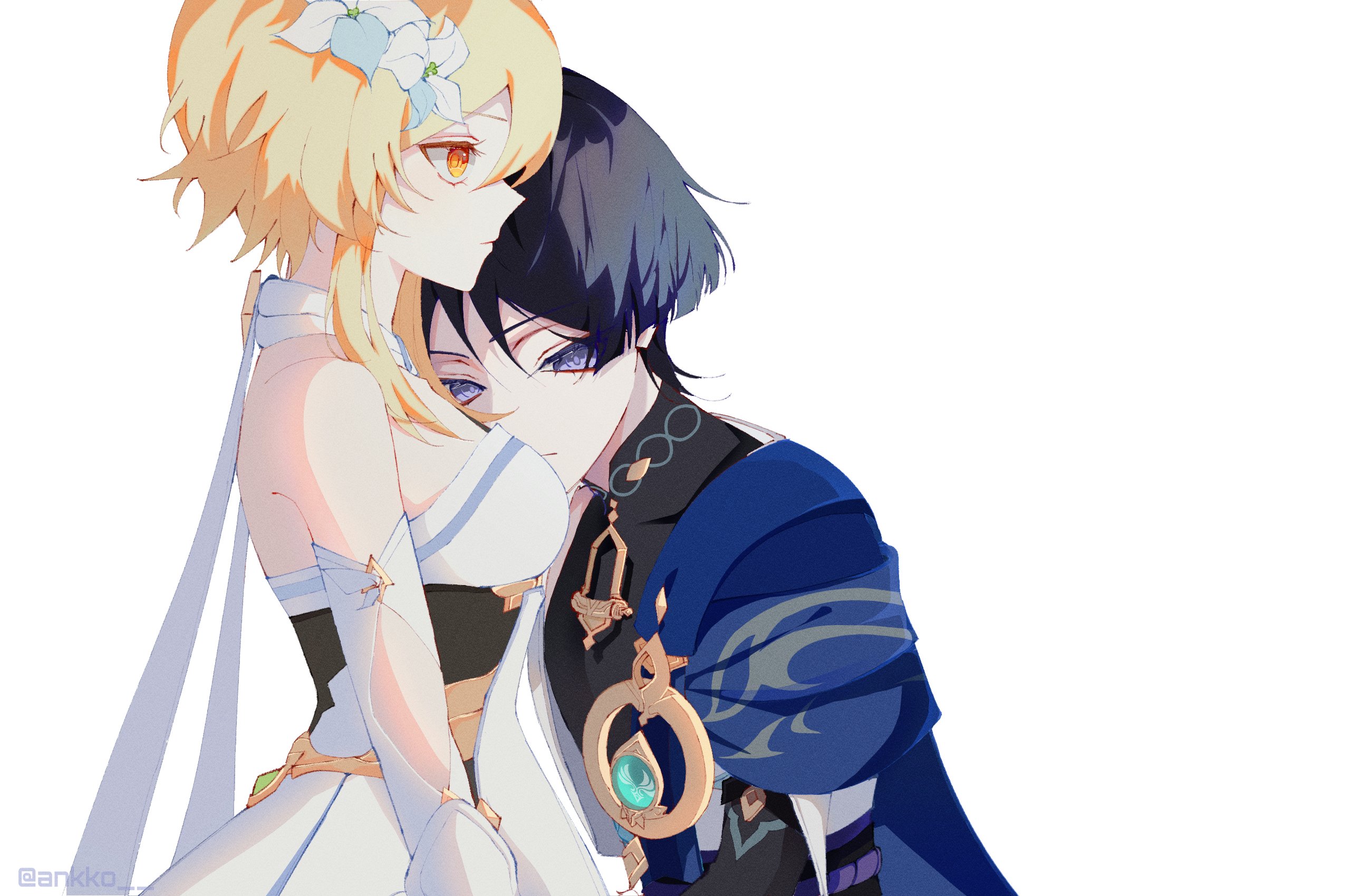 ankko, lumine (genshin impact), scaramouche (genshin impact), wanderer (genshin impact), genshin impact, commentary request, highres, korean commentary, 1boy, 1girl, anemo symbol (genshin impact), aqua gem, arm at side, arm cutout, belt, black belt, black bodysuit, black corset, blonde hair, blue cape, blue flower, blue trim, blunt ends, bodysuit, breasts, cape, choppy bangs, closed mouth, clothing cutout, corset, covered collarbone, detached sleeves, dress, expressionless, eyelashes, eyeliner, flower, gem, gold, hair flower, hair ornament, head on another's shoulder, hetero, japanese clothes, kimono, looking at another, looking to the side, makeup, mandarin collar, medium breasts, multicolored flower, open clothes, open kimono, purple eyes, purple rope, purple sash, red eyeliner, rope, sash, scarf, short hair, short hair with long locks, sidelocks, single bare shoulder, tsurime, twitter username, vambraces, white dress, white flower, white kimono, white scarf, white trim, yellow eyes