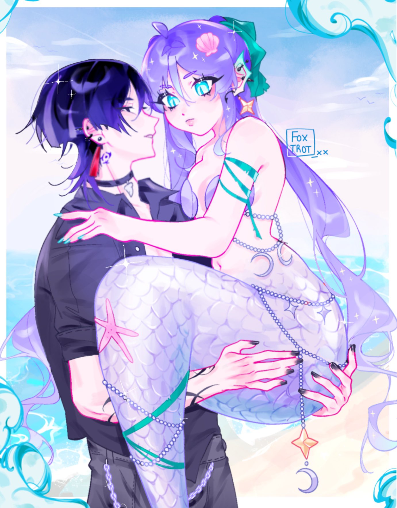 foxtrot (foxtrot xx), mona (genshin impact), scaramouche (genshin impact), genshin impact, commentary, english commentary, highres, 1boy, 1girl, ahoge, alternate costume, alternate species, aqua eyes, aqua nails, arm tattoo, artist name, bare shoulders, beads, bikini, bird, black choker, black nails, black shirt, black sleeves, blue eyes, blue sky, blunt ends, border, breasts, carrying, casual, choker, closed mouth, cloud, cloudy sky, collared shirt, contemporary, crescent ornament, curly ends, ear piercing, earrings, eyeliner, fins, fish tail, grey pants, hair intakes, hair ornament, hands on another's ass, head fins, jewelry, long hair, looking at another, makeup, mermaid, mitsudomoe (shape), monster girl, navel, neck tattoo, open collar, outdoors, pants, parted lips, piercing, pink lips, princess carry, purple hair, red eyeliner, seaweed, shell, shell bikini, shell hair ornament, shirt, shore, short sleeves, sidelocks, sky, slit pupils, small breasts, star (symbol), star earrings, strapless, strapless bikini, swimsuit, tail, tassel, tassel earrings, tattoo, tomoe (symbol), tsurime, very long hair, white border, white mouth
