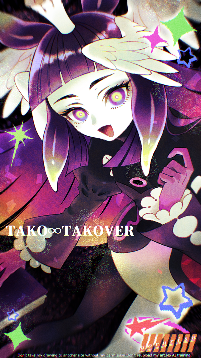 yorurisu (tary5373), ninomae ina'nis, hololive, hololive english, commentary request, highres, 1girl, black dress, blunt bangs, blush, crown, dress, english text, feathered wings, gloves, gradient hair, head wings, juliet sleeves, long hair, long sleeves, looking at viewer, mole, mole under eye, multicolored hair, open mouth, puffy sleeves, purple gloves, purple hair, sidelocks, smile, solo, song name, tako takover (ninomae ina'nis), tentacle hair, very long hair, virtual youtuber, white wings, wings