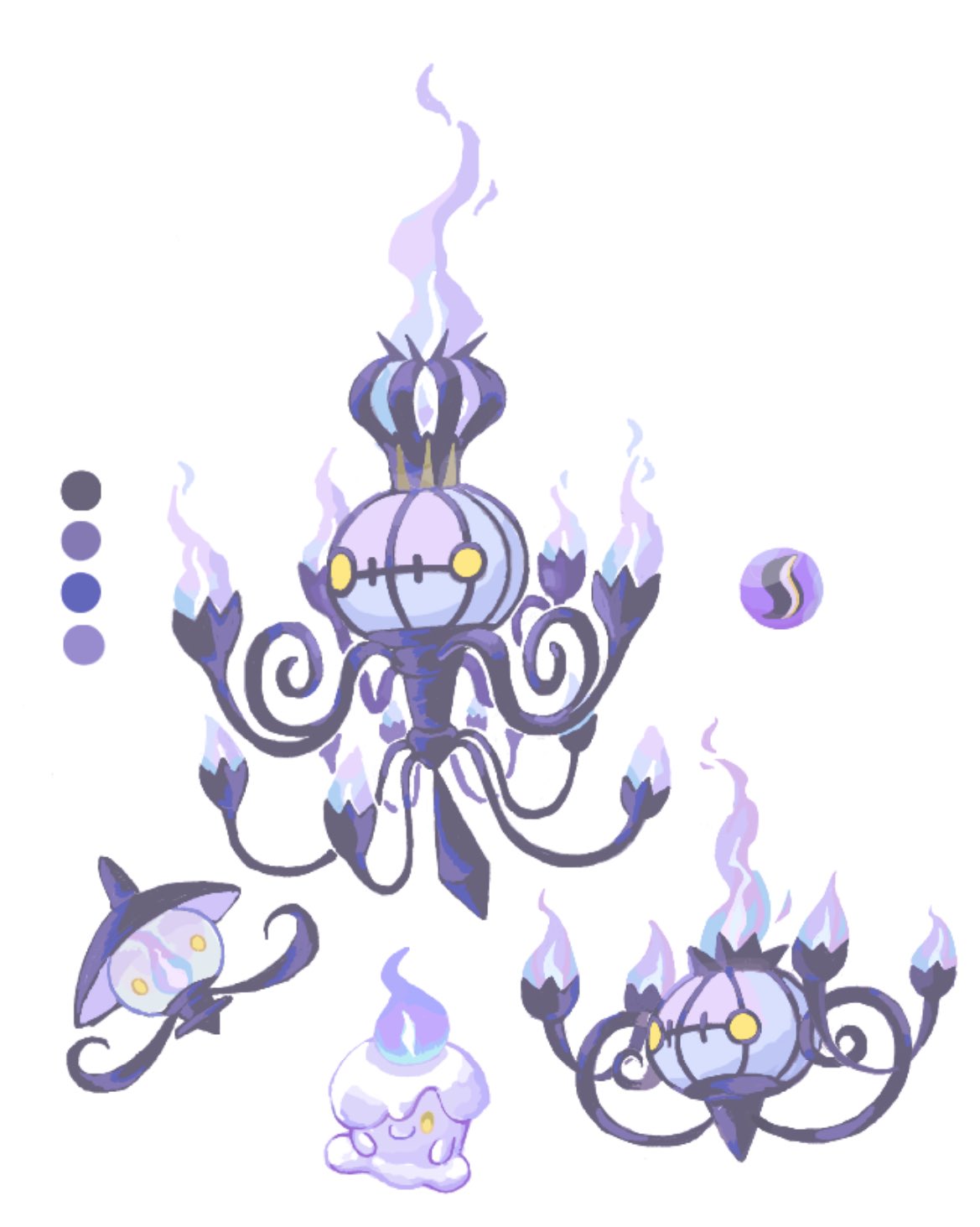 kome117tkg, chandelure, lampent, litwick, mega chandelure, nintendo, pokemon, commentary, highres, symbol-only commentary, candle, chandelier, closed mouth, evolutionary line, fire, gen 5 pokemon, lamp, mega pokemon, mega stone, no humans, pokemon (creature), pokemon focus, purple eyes, purple fire, smile, yellow eyes