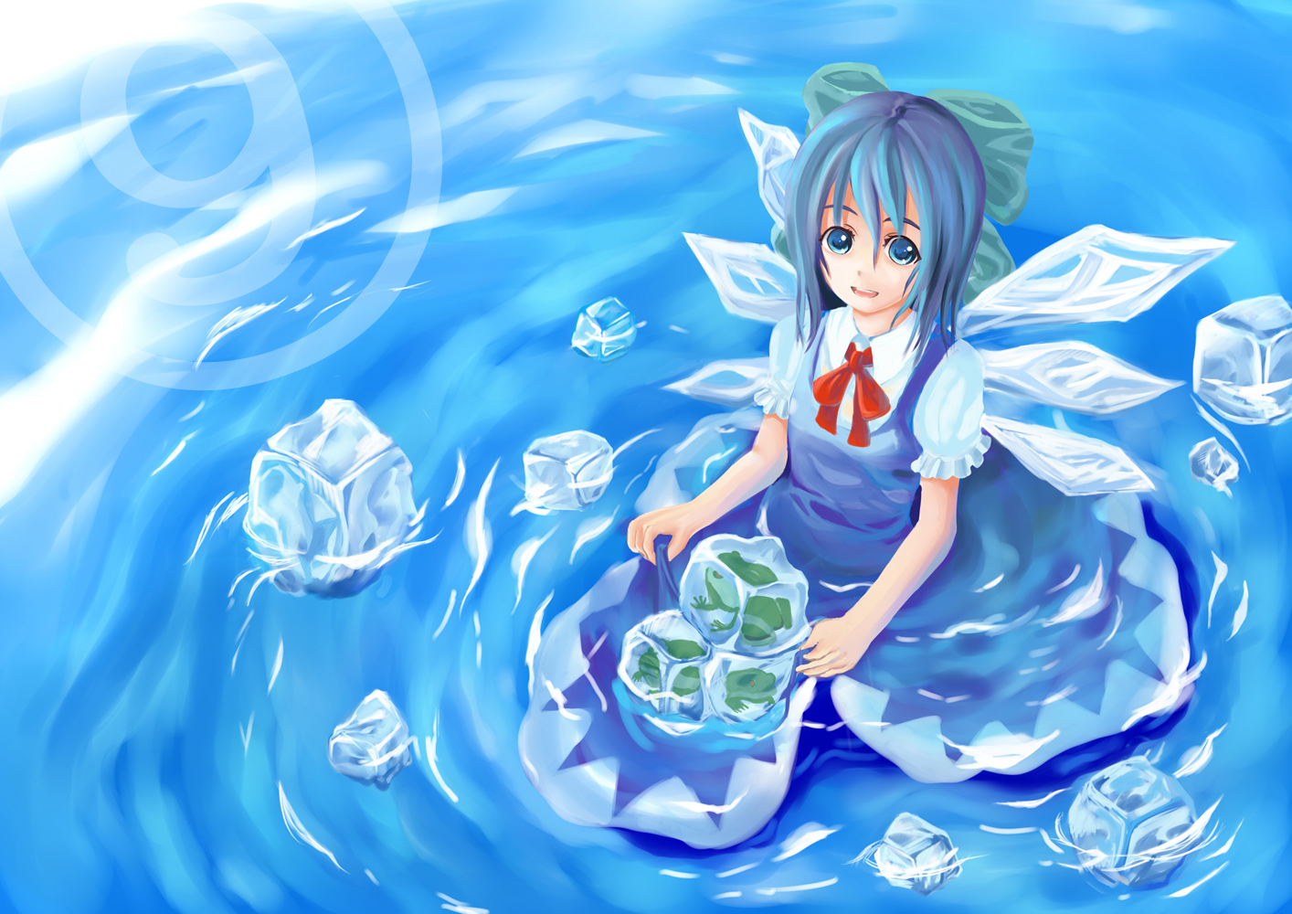 tobu kuriimu, cirno, touhou, blue eyes, blue hair, bow, circled 9, frog, hair bow, ice, solo, water, wings