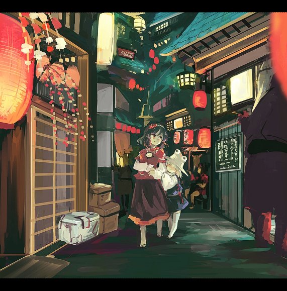 wataichi meko, moriya suwako, yasaka kanako, touhou, commentary request, blonde hair, closed eyes, hair ornament, hat, lantern, letterboxed, long sleeves, looking at another, multiple girls, outdoors, paper lantern, purple hair, purple skirt, purple vest, red eyes, rope, sandals, skirt, skirt set, sliding doors, thighhighs, vest, wide sleeves