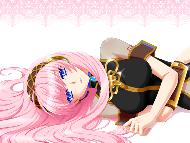 shinozaki kyouko, megurine luka, vocaloid, bad id, bad pixiv id, blue eyes, breasts, large breasts, long hair, lying, nail polish, pink hair, solo