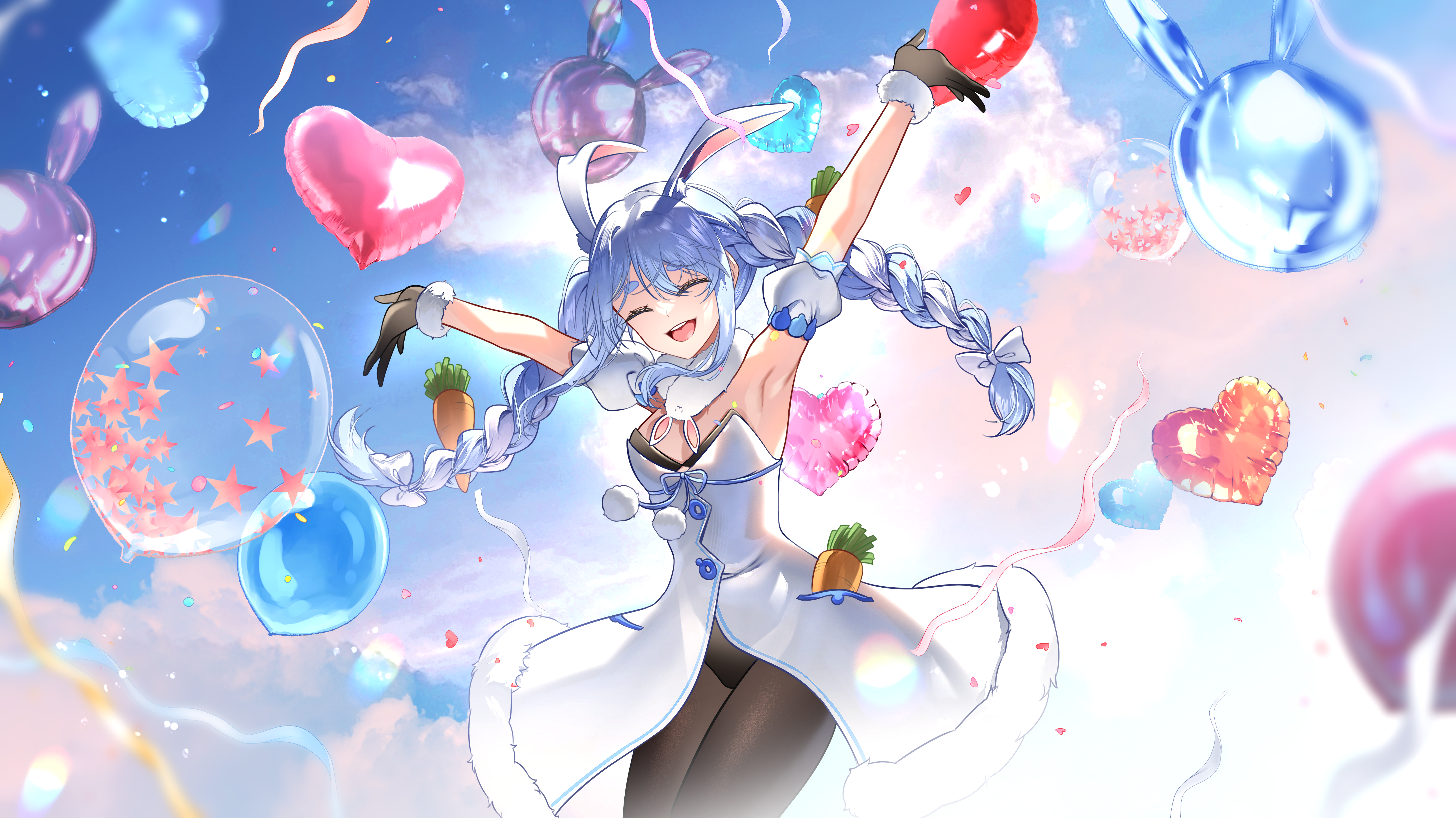 chan100577, don-chan (usada pekora), usada pekora, usada pekora (1st costume), hololive, absurdres, commentary request, highres, 1girl, ^ ^, animal ear fluff, animal ears, armpits, balloon, black gloves, black leotard, black pantyhose, blue hair, blush, bow, braid, breasts, carrot hair ornament, closed eyes, cloud, cloudy sky, coat, detached sleeves, falling petals, food-themed hair ornament, fur-trimmed gloves, fur trim, gloves, hair bow, hair ornament, happy, heart balloon, leotard, multicolored hair, open mouth, outdoors, outstretched arms, pantyhose, petals, pocket, rabbit ears, rabbit girl, short sleeves, sky, sleeveless, sleeveless coat, smile, solo, thick eyebrows, twin braids, twintails, two-tone hair, virtual youtuber, white bow, white coat, white hair