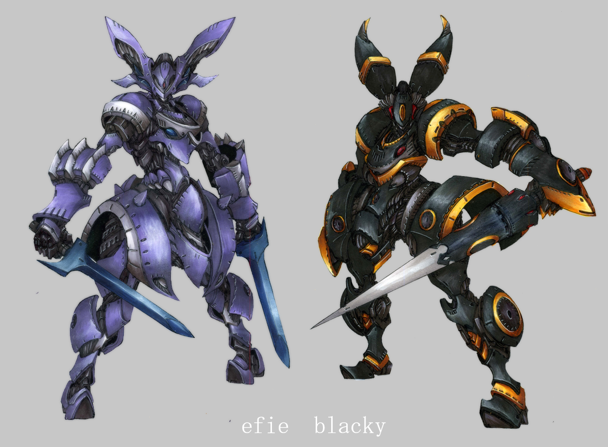 ishida baru, espeon, umbreon, nintendo, pokemon, pokemon gsc, costume, 1990s (style), dual wielding, gen 2 pokemon, holding, mecha, mechanization, no humans, pokemon (creature), retro artstyle, robot, simple background, sword, weapon