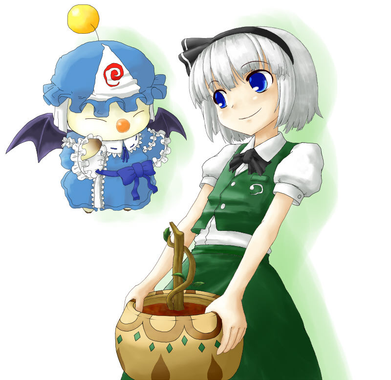 nice (artist), konpaku youmu, moogle, saigyouji yuyuko, final fantasy, final fantasy xi, the iron of yin and yang, touhou, silver hair, 1girl, bat wings, blue eyes, cosplay, crossover, female focus, hairband, hat, saigyouji yuyuko (cosplay), short hair, solo, wings