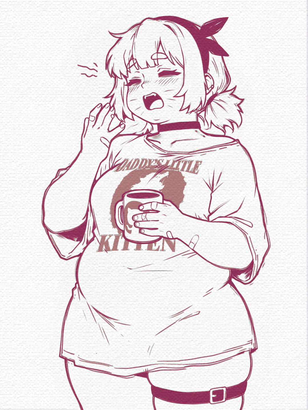 caffichai, pudding (arknights), arknights, github, commentary, english commentary, highres, 1girl, bandaid, bandaid on arm, blush, choker, closed eyes, clothes writing, collarbone, cowboy shot, cup, english text, facial mark, hairband, holding, holding cup, octocat, shirt, short sleeves, short twintails, simple background, solo, t-shirt, teeth, thick eyebrows, thigh strap, twintails, upper teeth only, whisker markings, white background, yawning