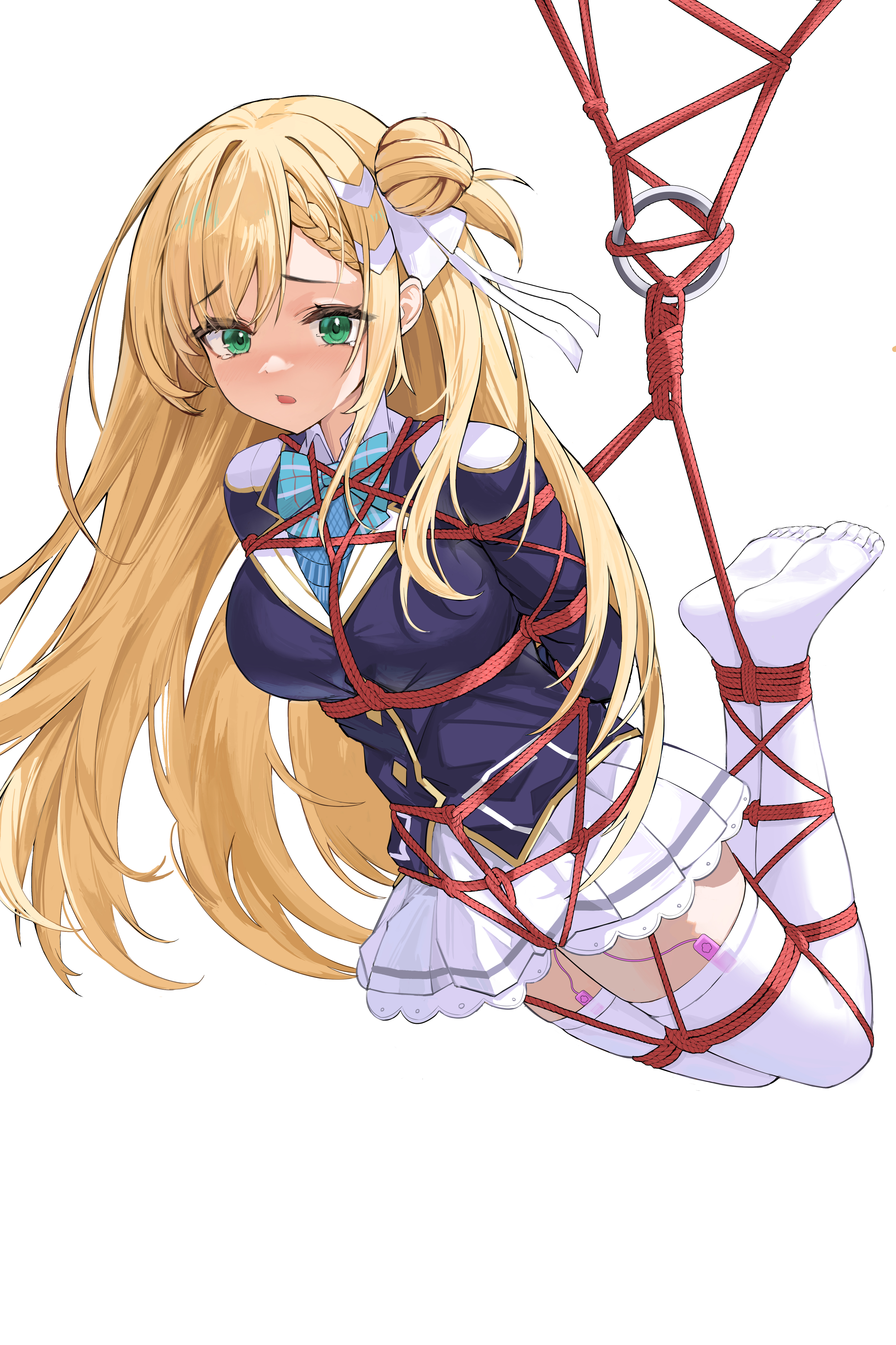 yuhui ranjin, forbin (azur lane), forbin (ecole de chevalier) (azur lane), azur lane, absurdres, commentary request, commission, highres, pixiv commission, 1girl, arms behind back, bdsm, blazer, blonde hair, blush, bondage, bound, bound ankles, bound arms, bound legs, bound thighs, bound torso, bound wrists, box tie, breast bondage, breasts, crotch rope, crying, crying with eyes open, feet, green eyes, hair bun, hogtie, jacket, large breasts, long hair, looking at viewer, miniskirt, no shoes, official alternate costume, open mouth, red rope, restrained, rope, school uniform, shibari, shibari over clothes, skirt, solo, suspension, tears, thighhighs, very long hair, white skirt, white thighhighs, zettai ryouiki