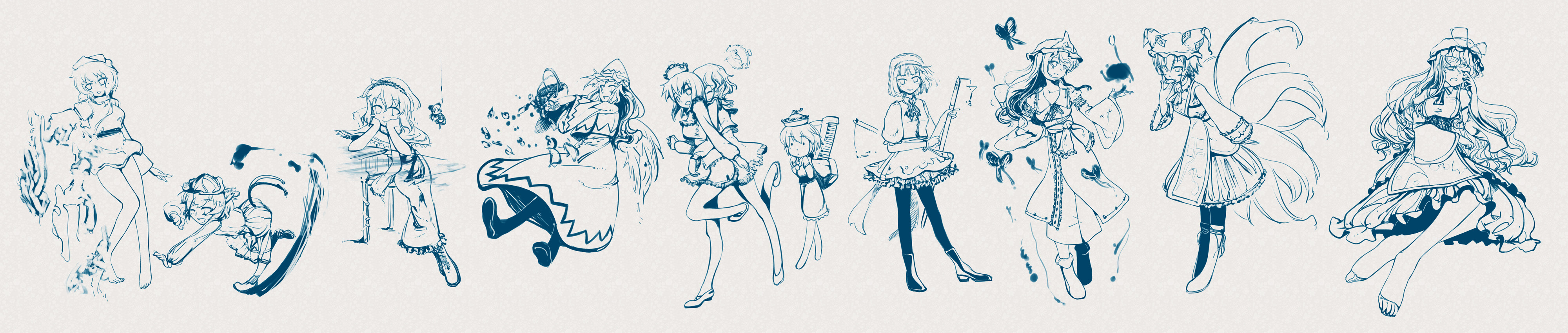 nichimatsu seri, alice margatroid, chen, hourai doll, konpaku youmu, letty whiterock, lily white, lunasa prismriver, lyrica prismriver, merlin prismriver, saigyouji yuyuko, yakumo ran, yakumo yukari, perfect cherry blossom, touhou, absurdres, bad id, bad pixiv id, highres, long image, wide image, 6+girls, blue theme, female focus, hat, mob cap, monochrome, multiple girls