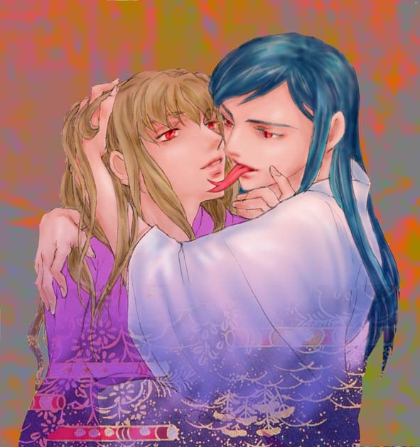 sanbanti, fujino shizuru, kuga natsuki, my-hime, 00s, 2girls, alternate eye color, blonde hair, blue hair, forked tongue, grabbing another's hair, hand on another's face, hand on another's shoulder, holding another's hair, japanese clothes, kimono, long hair, multiple girls, parted lips, red eyes, tongue, tongue out, unmoving pattern, wide sleeves, yuri