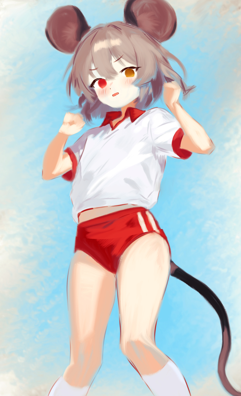 flandzen, touhou, highres, 1girl, animal ears, blush, buruma, collared shirt, flat chest, grey hair, gym shirt, gym uniform, hands up, heterochromia, mouse ears, mouse tail, red buruma, red eyes, shirt, short sleeves, solo, tail, yellow eyes