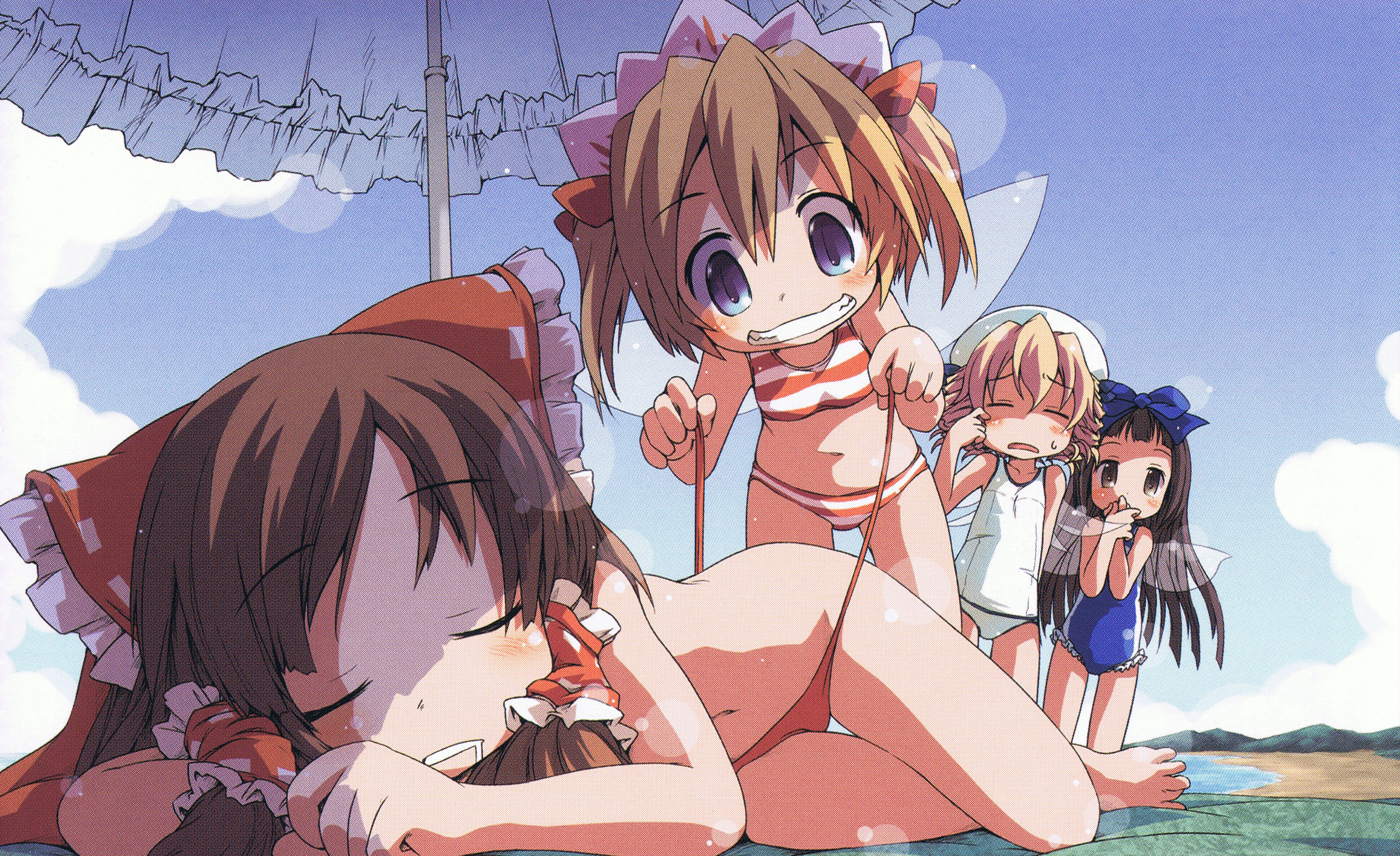 ham (points), hakurei reimu, luna child, star sapphire, sunny milk, oriental sacred place, touhou, untied, absurdres, highres, scan, scan artifacts, 4girls, barefoot, beach, bikini, blonde hair, child, closed eyes, day, fairy, fairy wings, feet, female focus, grin, loli, multiple girls, navel, outdoors, saliva, side-tie bikini bottom, sleeping, smile, striped bikini, striped clothes, swimsuit, toes, wings