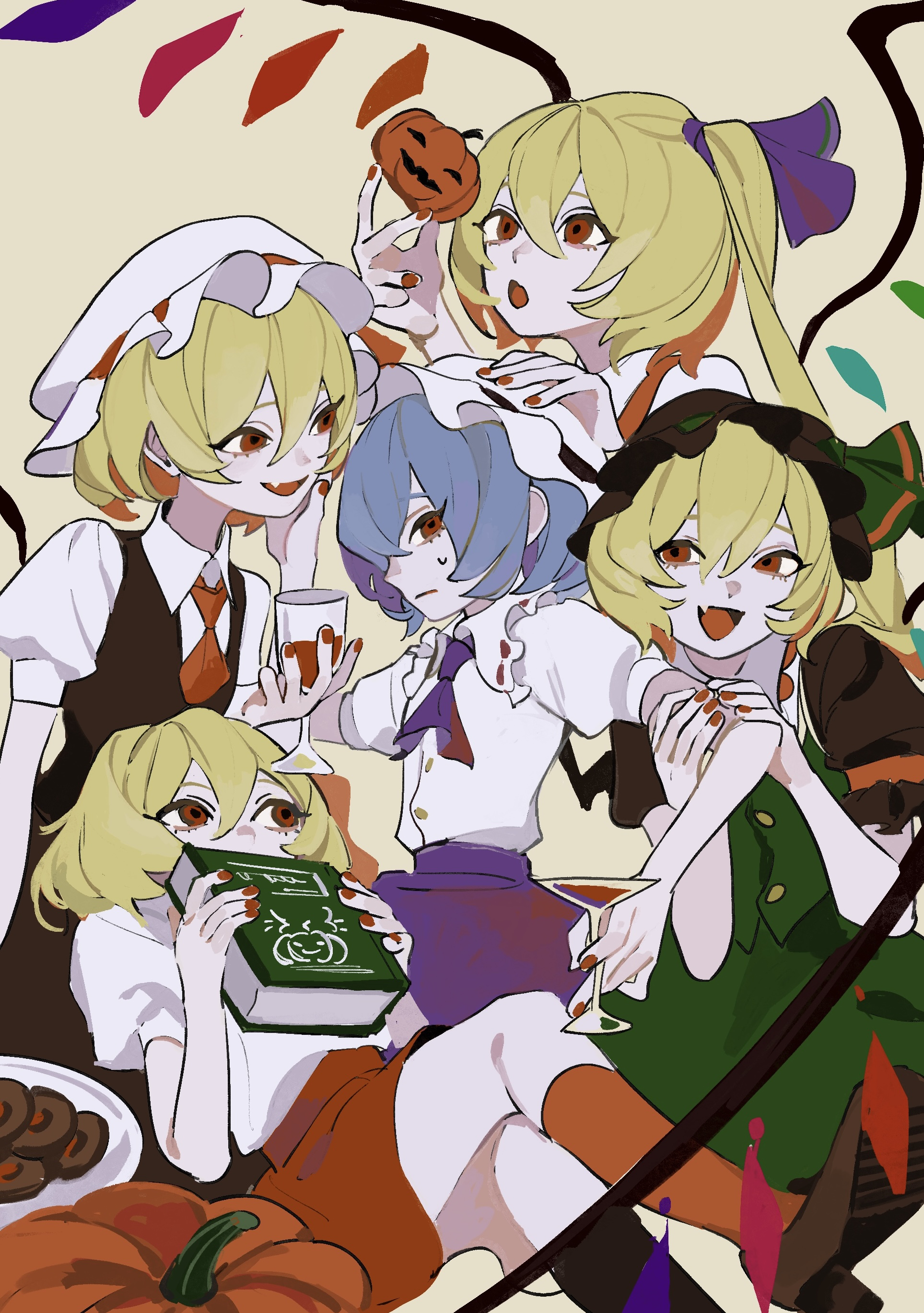 dee (tannsumi), flandre scarlet, remilia scarlet, touhou, absurdres, commentary request, highres, 5girls, ascot, black hat, black vest, blonde hair, blood, blue ascot, blue ribbon, blue skirt, book, brown shirt, cocktail glass, cookie, crystal wings, cup, drinking glass, fang, food, four of a kind (touhou), frilled shirt collar, frilled sleeves, frills, green ribbon, green skirt, green vest, hair between eyes, hair ribbon, hand on another's face, hand on another's head, hand up, hat, hat ribbon, holding, holding another's arm, holding book, holding cup, holding pumpkin, looking at another, mob cap, multiple girls, one side up, open mouth, plate, puffy short sleeves, puffy sleeves, pumpkin, purple hair, red ascot, red eyes, red ribbon, red skirt, ribbon, shirt, shirt tucked in, short hair, short sleeves, skirt, smile, sweatdrop, vest, white hat, white shirt, wings