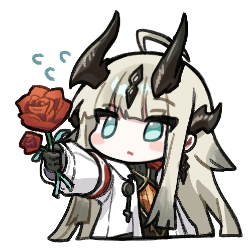 ppxdq, reed (arknights), arknights, lowres, ahoge, aqua eyes, black gloves, blush stickers, chibi, chibi only, cropped torso, dragon girl, dragon horns, flower, flying sweatdrops, gloves, holding, holding flower, horns, long hair, multiple horns, no pupils, red flower, red rose, rose, simple background, white background