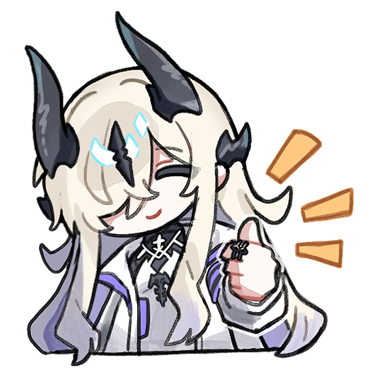 ppxdq, necrass (arknights), arknights, ^ ^, chibi, chibi only, closed eyes, cropped torso, dragon girl, dragon horns, facing viewer, hair over one eye, horns, jewelry, long hair, multiple horns, notice lines, ring, simple background, smile, thumbs up, white background
