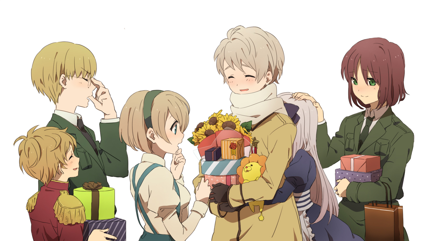 tsuu (tu-3), belarus (hetalia), estonia (hetalia), latvia (hetalia), lithuania (hetalia), pon de lion, russia (hetalia), ukraine (hetalia), axis powers hetalia, mister donut, hand on head, silver hair, uniform, bad id, bad pixiv id, 2girls, 4boys, apron, blue eyes, blush, bow, brown hair, closed eyes, dress, epaulettes, flower, gift, glasses, green eyes, hair bow, hairband, holding, hug, hug from behind, long hair, multiple boys, multiple girls, necktie, scarf, short hair, stuffed animal, stuffed lion, stuffed toy, sunflower