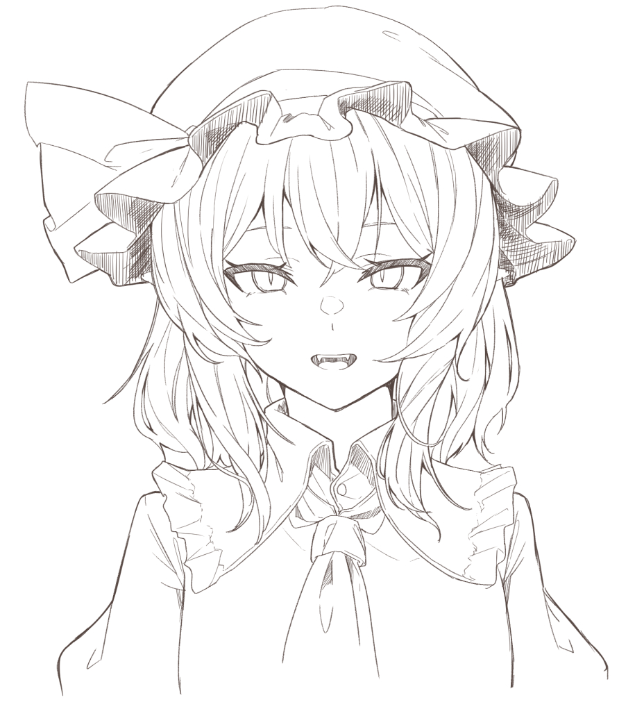 kanaria (bcomn), remilia scarlet, touhou, commentary request, 1girl, ascot, collar, collared shirt, fangs, frilled collar, frills, greyscale, hat, hat ribbon, looking at viewer, medium hair, mob cap, monochrome, ribbon, shirt, simple background, slit pupils, solo, teeth, upper teeth only