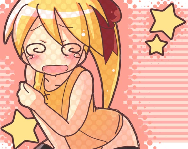 yellow (pokemon), nintendo, pokemon, pokemon adventures, 1girl, @ @, bent over, blonde hair, blush, child, crying, embarrassed, female focus, flat chest, ponytail, ribbon, solo, star (symbol), swimsuit, tears, thighhighs