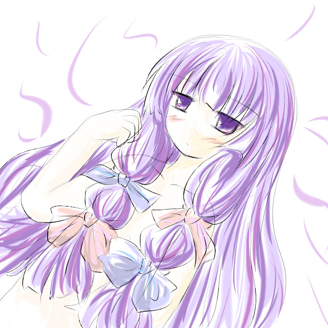 natsuki (silent selena), patchouli knowledge, touhou, 1girl, censored, convenient censoring, female focus, hair censor, hair over breasts, hair ribbon, purple eyes, purple hair, ribbon, sketch, solo, white background