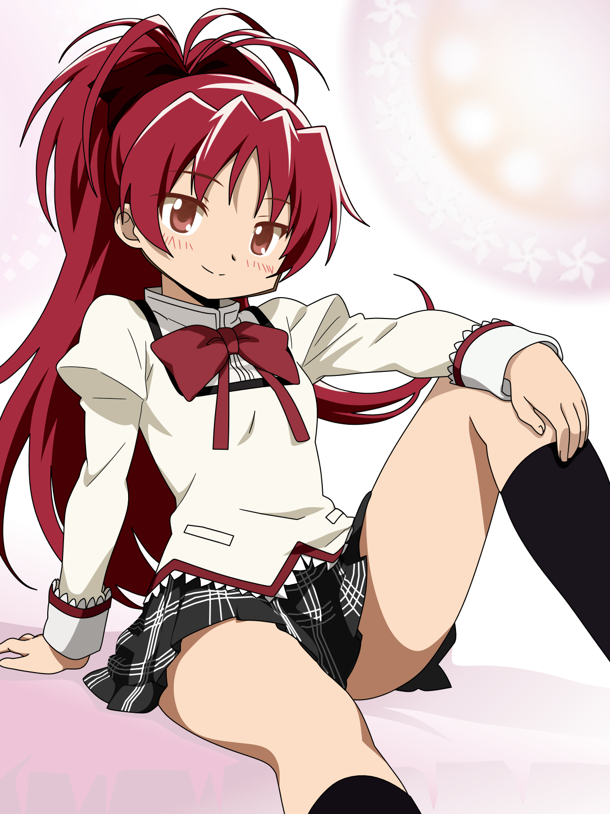6kan, sakura kyoko, mahou shoujo madoka magica, commentary request, highres, 1girl, anime coloring, arm support, black skirt, black socks, bow, bowtie, breasts, hand on own knee, juliet sleeves, knee up, kneehighs, lace-trimmed sleeves, lace trim, light blush, long hair, long sleeves, mitakihara school uniform, pleated skirt, ponytail, puffy sleeves, red bow, red bowtie, red eyes, red hair, school uniform, shirt, sitting, skirt, small breasts, smile, socks, solo, thighs, yellow shirt