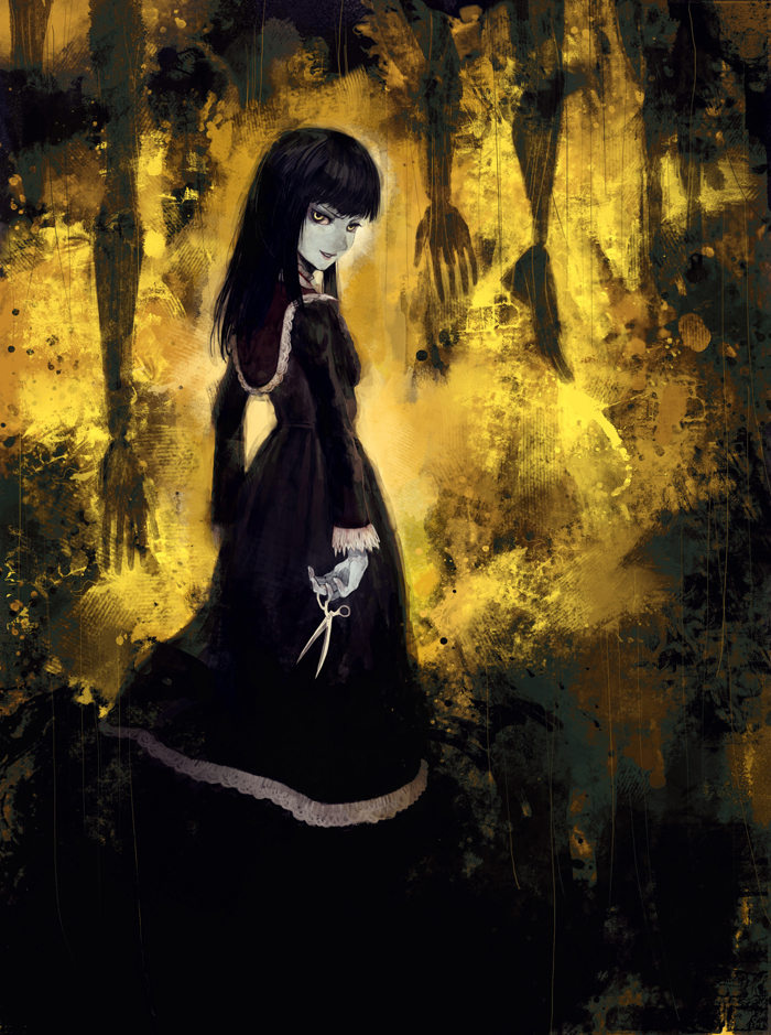 lack, haibara ayako, fatal frame, fatal frame: mask of the lunar eclipse, black hair, dress, ghost, long hair, scissors, solo, spirit, yellow eyes