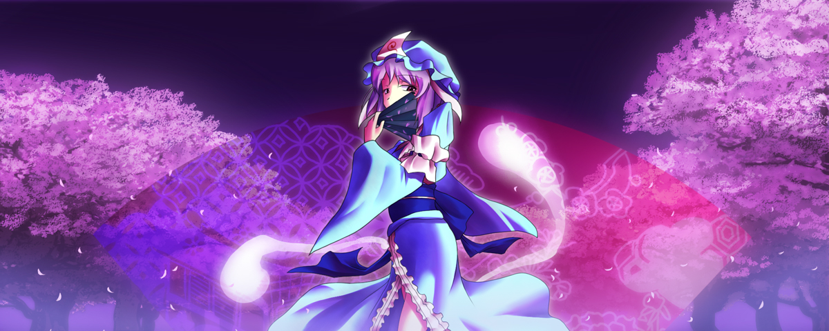 ver.5, saigyouji yuyuko, touhou, 1girl, bow, cherry blossoms, dress, female focus, ghost, hand fan, hat, japanese clothes, nature, outdoors, petals, pink eyes, pink hair, plant, solo, tree