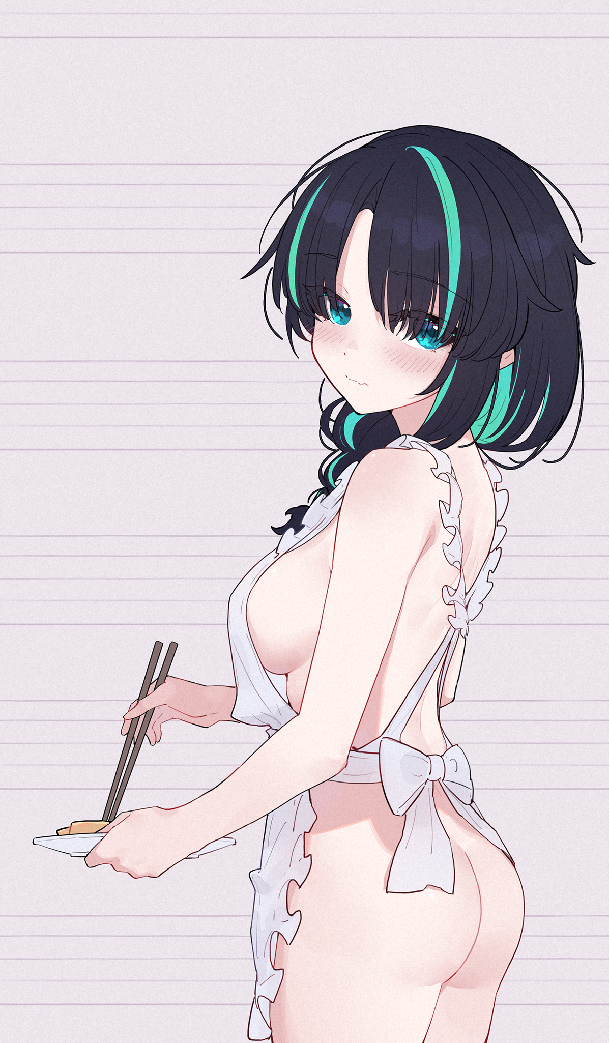 yun cao bing, original, chinese commentary, commentary request, highres, 1girl, apron, aqua streaks, ass, black hair, blue eyes, blush, braid, breasts, chopsticks, closed mouth, holding, holding chopsticks, large breasts, looking at viewer, naked apron, single braid, solo