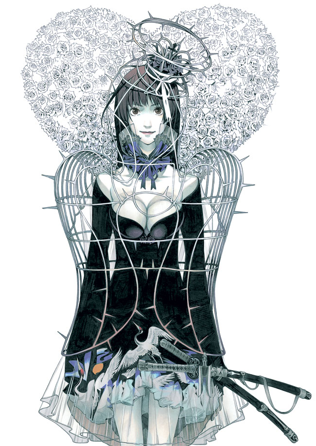 oogure ito, natsume aya, tenjou tenge, 1girl, bird, breasts, brown eyes, brown hair, cleavage, crane (animal), crown, female focus, flower, halo, long hair, metal wings, pale skin, rose, see-through clothes, sheath, sheathed, solo, staring, sword, thorns, weapon, white flower, white rose, wings