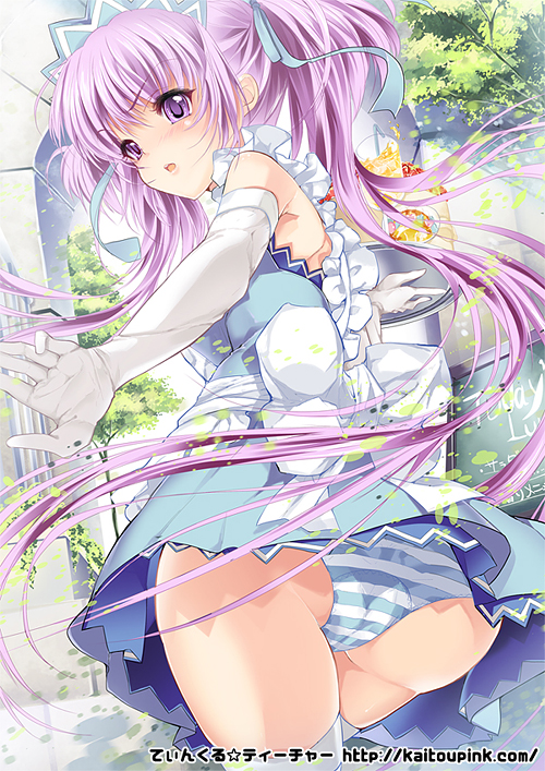 yu (bkks), original, 1girl, ass, cowboy shot, elbow gloves, female focus, gloves, panties, solo, striped clothes, striped panties, thighhighs, twintails, underwear, waitress