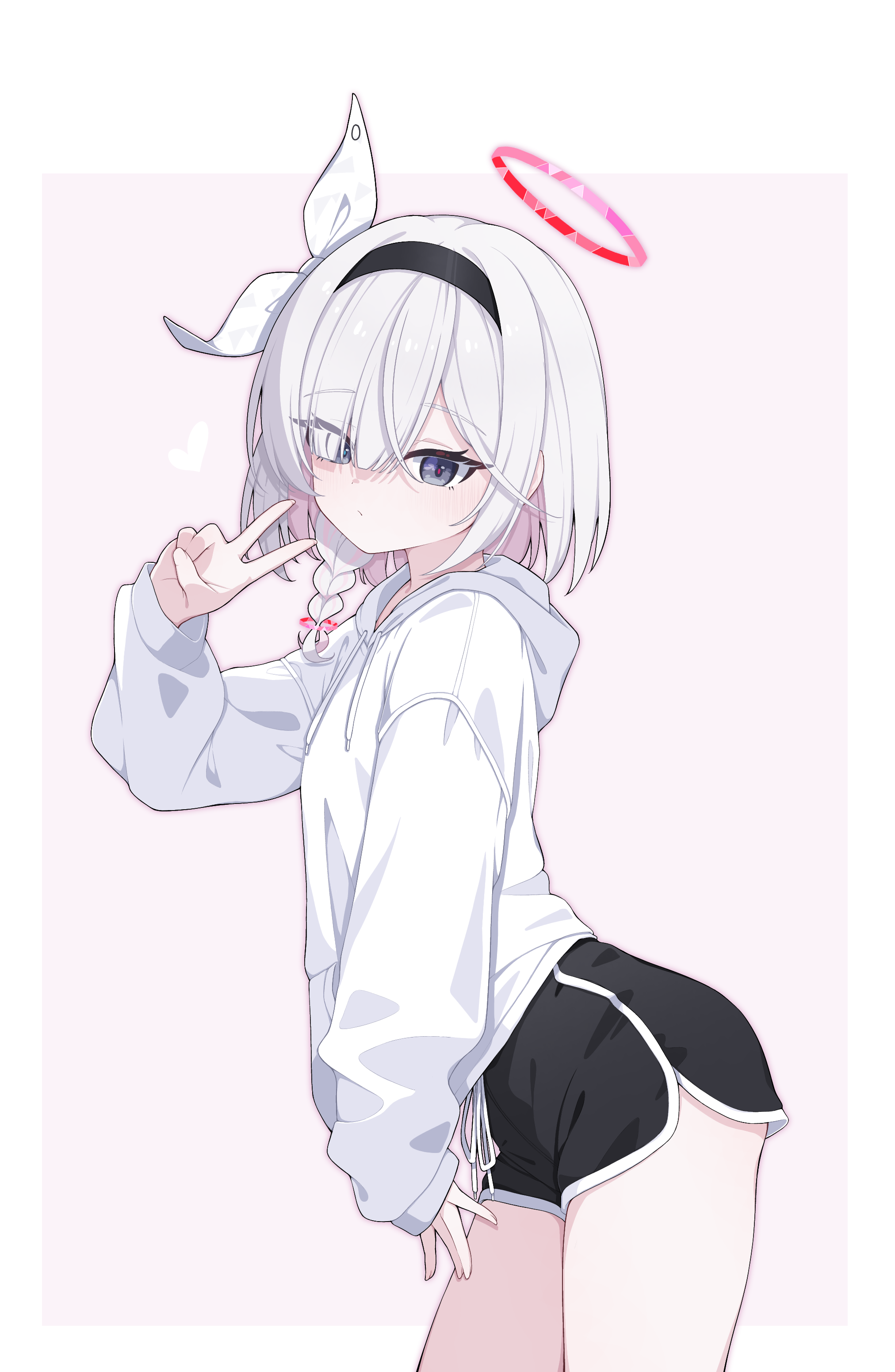 cinamon (cinamori), plana (blue archive), blue archive, absurdres, hashtag-only commentary, highres, 1girl, alternate costume, alternate hairstyle, black eyes, black hairband, black shorts, braid, colored inner hair, dolphin shorts, drawstring, hair over one eye, hairband, halo, hood, hood down, hoodie, long sleeves, looking at viewer, multicolored hair, pink hair, red halo, red pupils, ribbon, short hair, short shorts, shorts, simple background, single braid, sleeves past wrists, solo, v, white hair, white hoodie, white ribbon