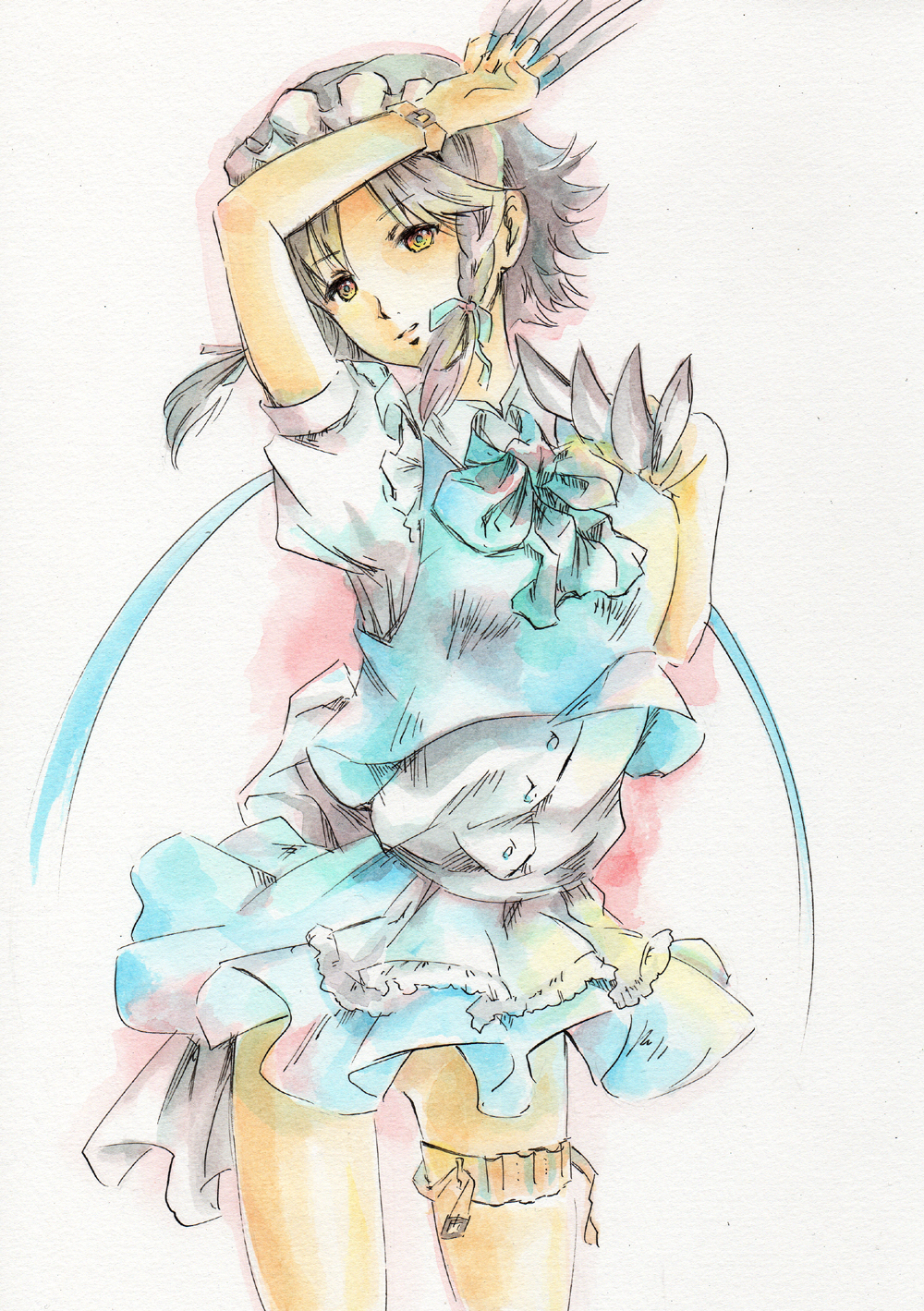 suzaku mikado, izayoi sakuya, touhou, acrylic paint (medium), bad id, bad pixiv id, highres, painting (medium), traditional media, 1girl, braid, female focus, grey hair, knife, short hair, solo, thigh strap, throwing knife, twin braids, weapon, yellow eyes